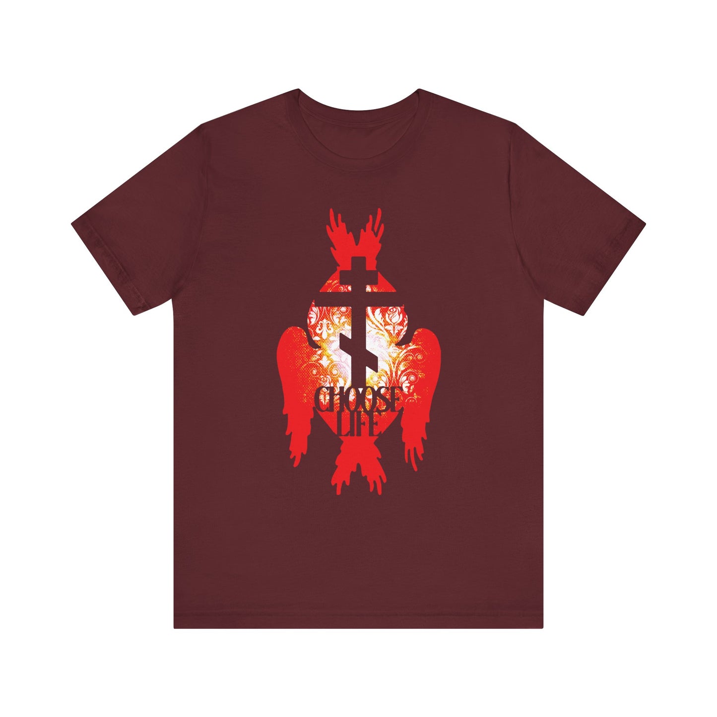 Maroon Choose Life tee featuring an Orthodox cross, fiery seraphim angel wings, and The Narrow Path design—a bold Christian statement in lightweight cotton.