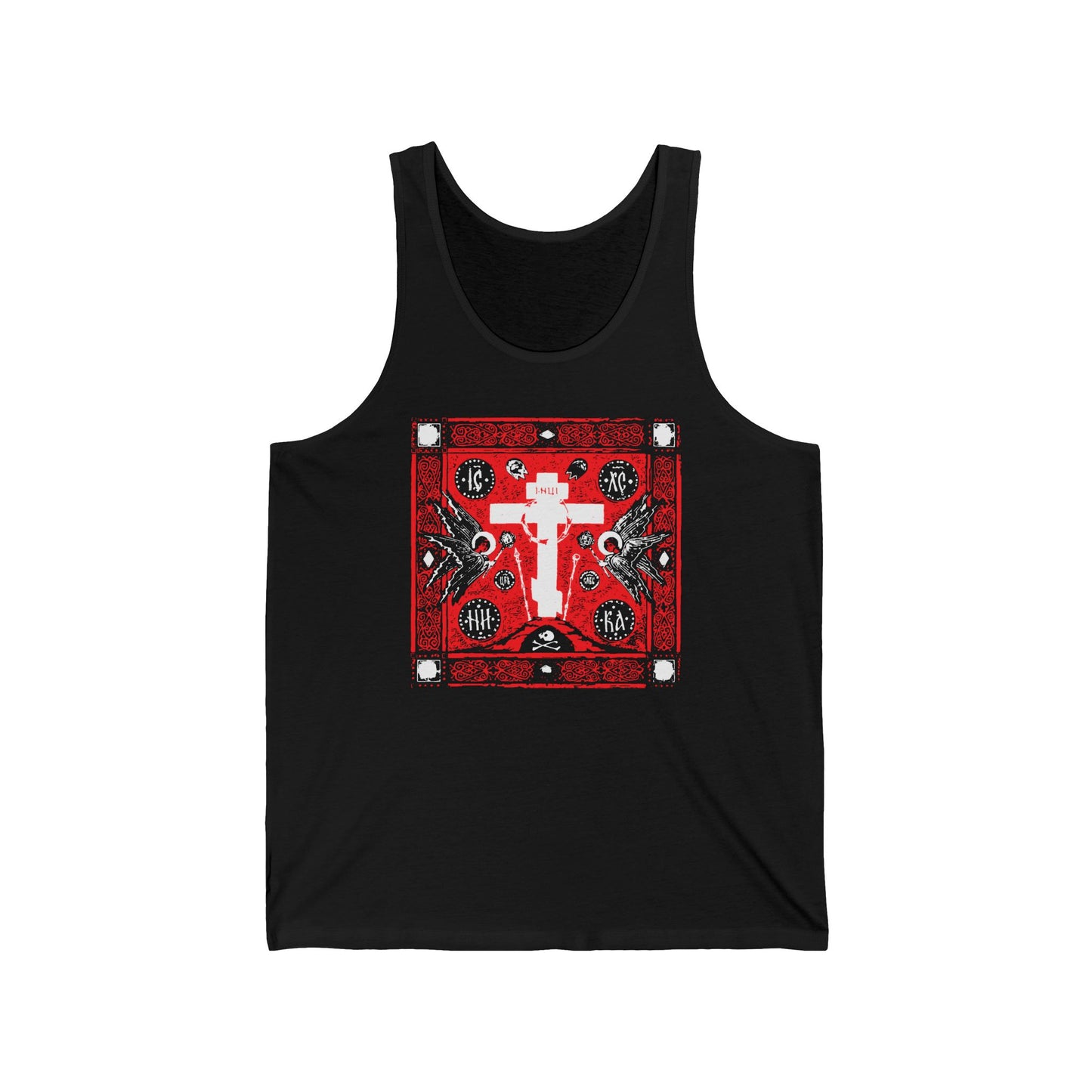 Adoration of Holy Cross IconoGraphic | Striking Red, White, & Black Russian Cross Design w/ Angels | Orthodox Christian Tank Top