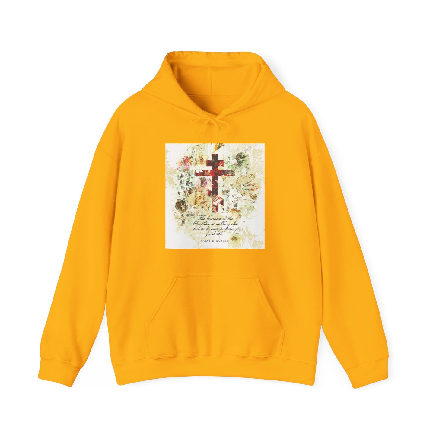 Preparing For Death | White & Beige Floral Scrapbook Texture Cross | Arts & Crafts Style | St Irenaeus | Orthodox Christian Hoodie