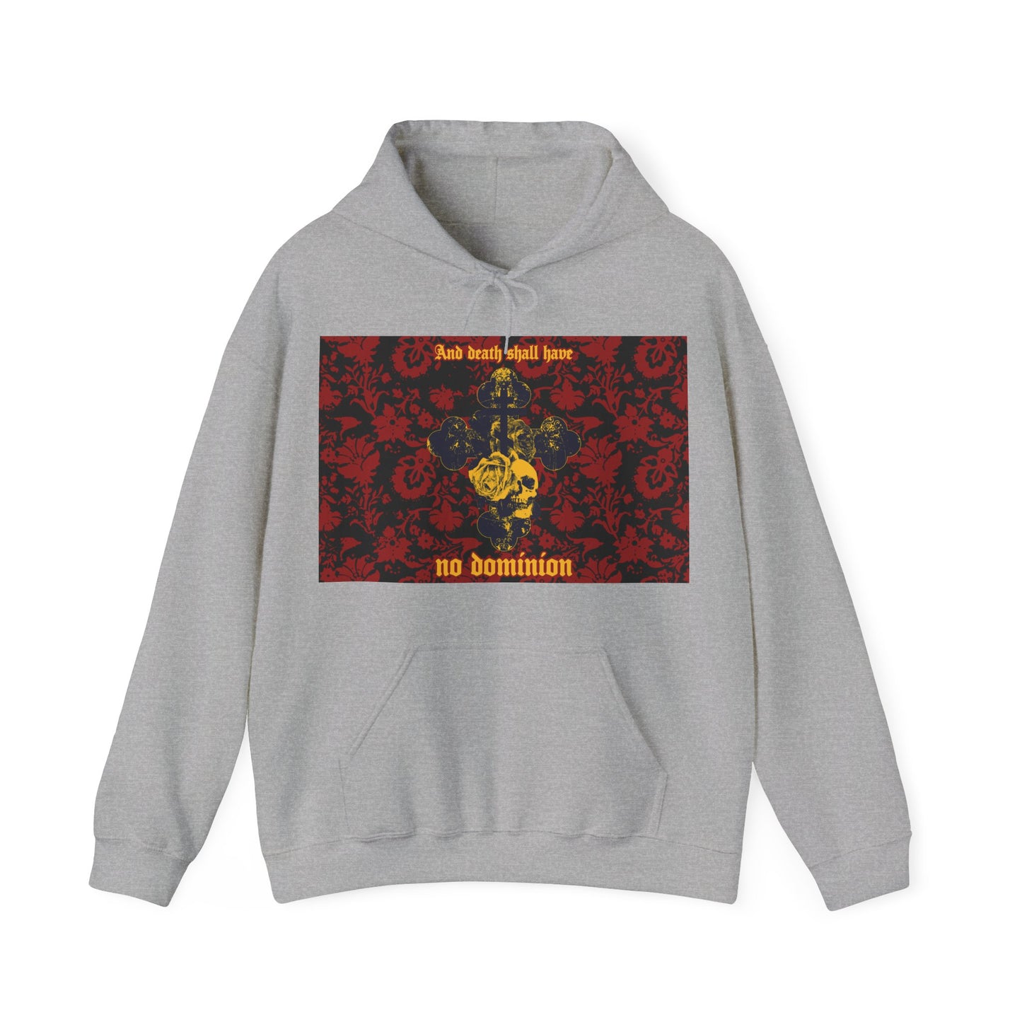 And Death Shall Have No Dominion (Dylan Thomas) | Resurrection | Gothic Style Cross, Skull and Rose on Floral Background | Orthodox Christian Hoodie-Sport Grey-S-Remembrance of Death