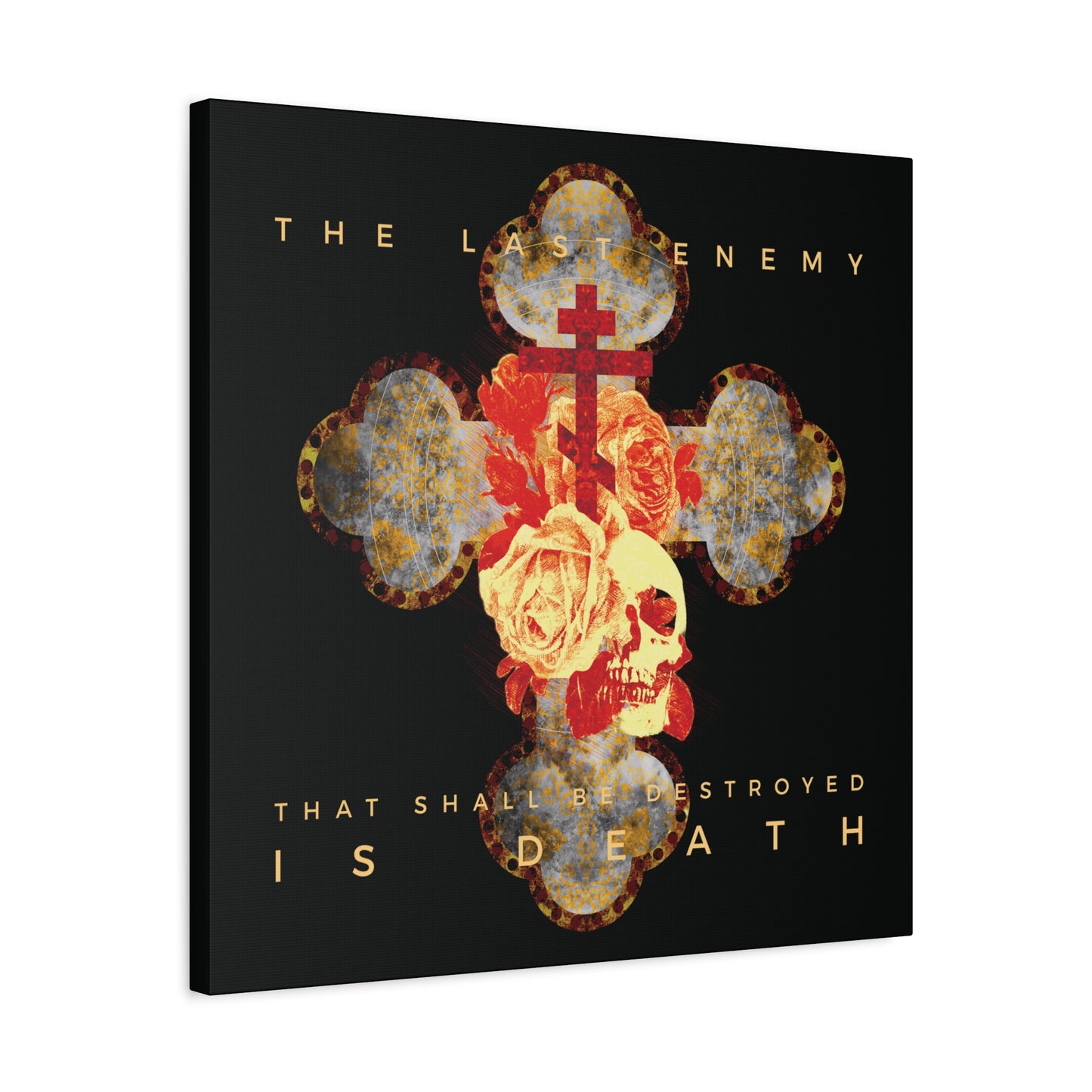 Remembrance of Death "The Final Enemy That Shall Be Destroyed Is Death" (1 Cor 15:26) canvas shows a metallic gothic cross with red roses, skull, stone texture, and the verse in yellow—perfect Orthodox Christian wall art.