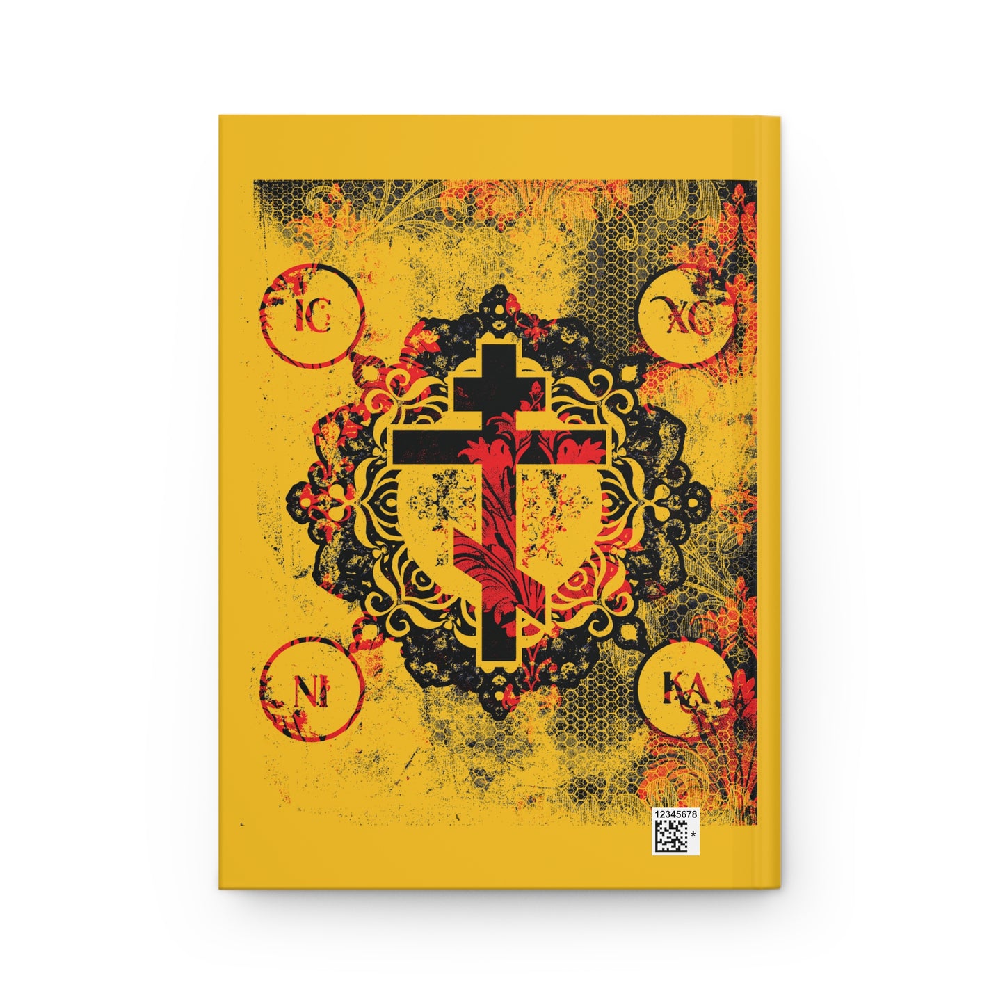 IC XC NIKA Orthodox Cross | Yellow & Red Modern & Medieval Textured Floral Design | Orthodox Christian Hardcover Journal