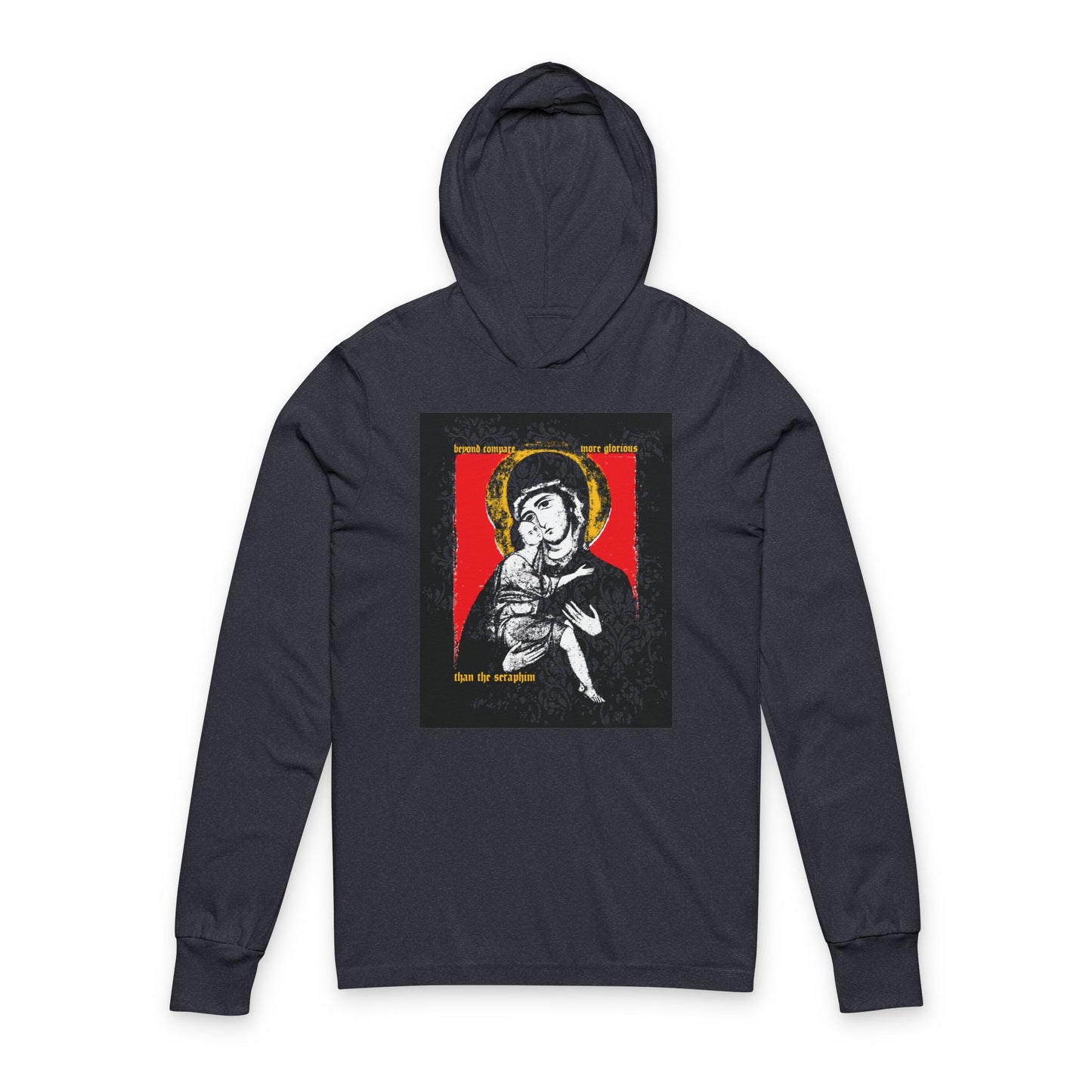 Beyond Compare More Glorious Than the Seraphim | Vladimir Theotokos Iconographic | Orthodox Long Sleeve Hooded Shirt