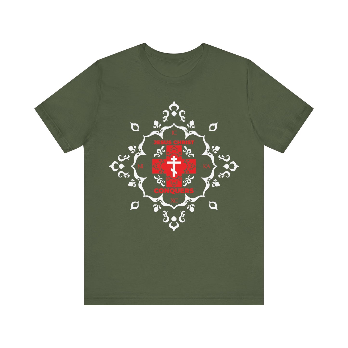 Military green Christian cotton t-shirt featuring a white Orthodox cross, red modern font “ICXC NIKA means Jesus Christ Conquers,” and medieval filigree design.