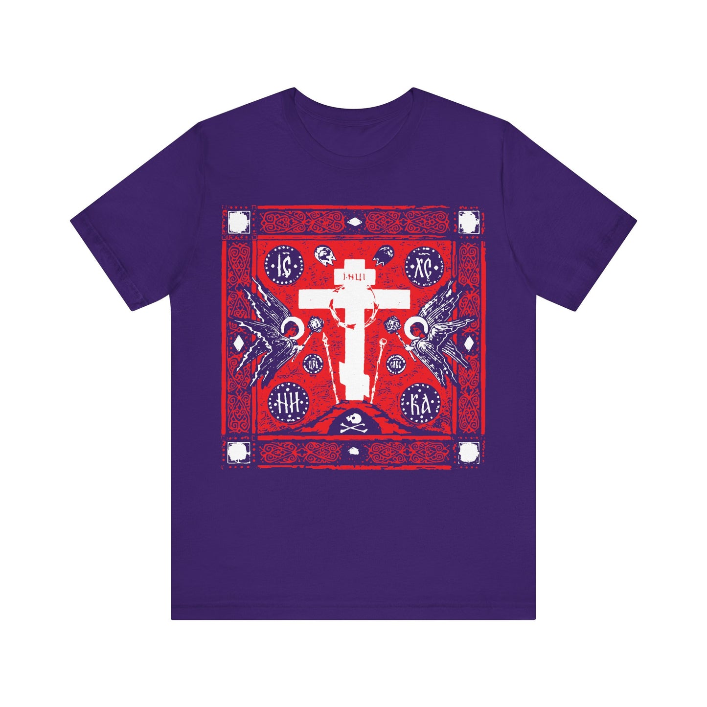 Adoration of Holy Cross IconoGraphic | Striking Red, White, & Black Russian Cross Design w/ Angels | Orthodox Christian T-Shirt
