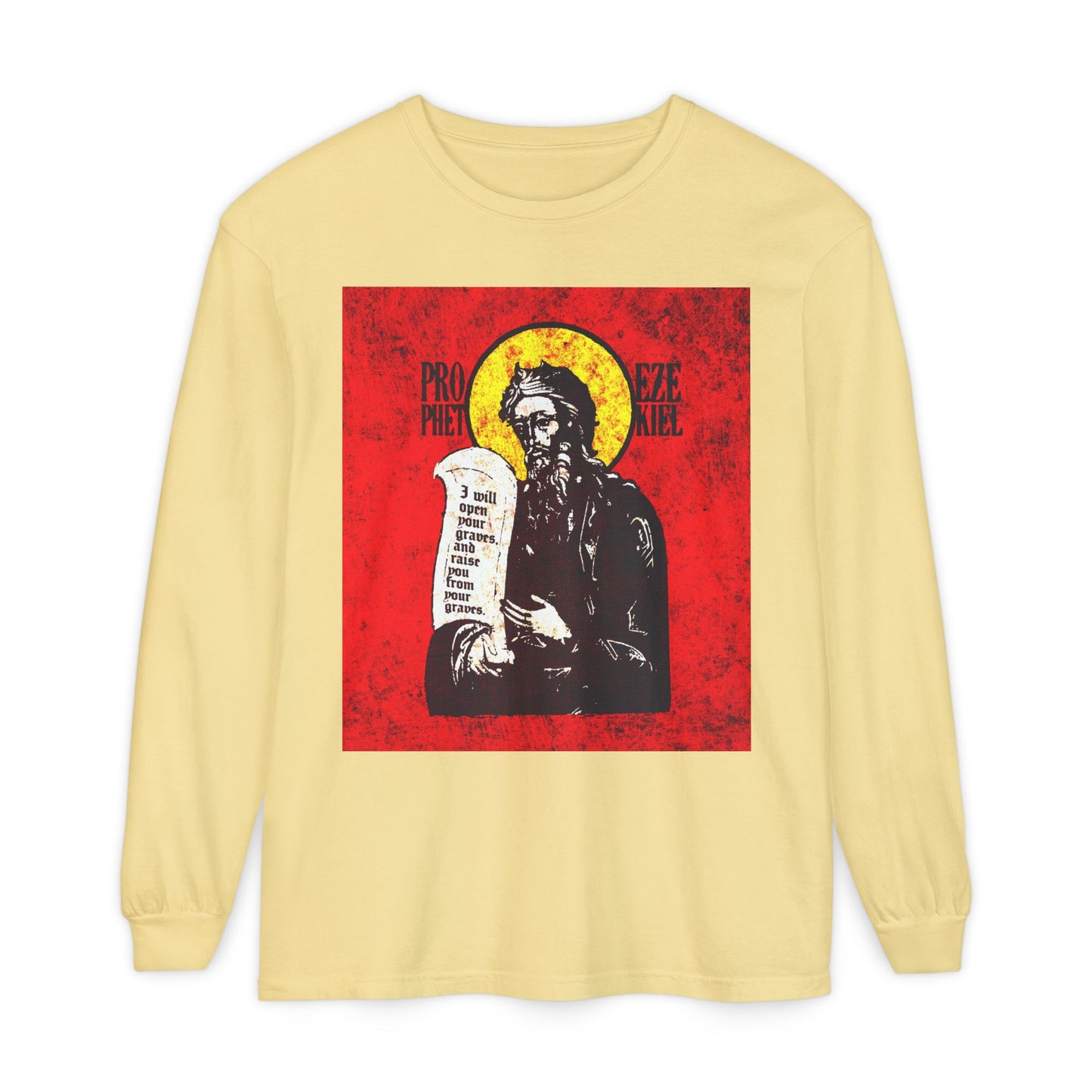 Prophet Ezekiel IconoGraphic | Textured, High Contrast Bright Red and Yellow Design | Old Testament | Orthodox Christian Long Sleeve Shirt