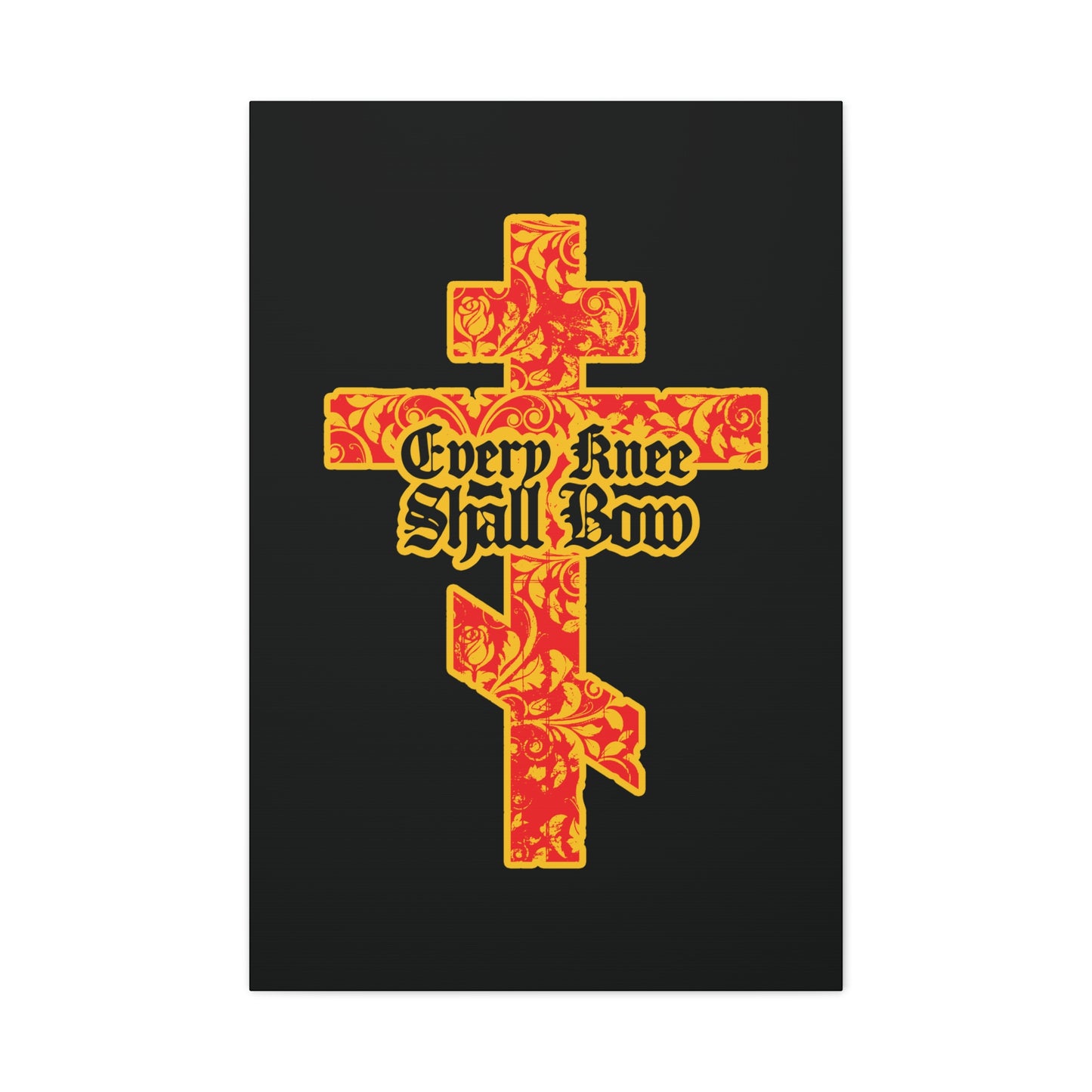 A gold and red floral Orthodox cross with black gothic "Every Knee Shall Bow" lettering (Isaiah 45:22-24, Phil 2:7-11) on a black background; Christian wall art.