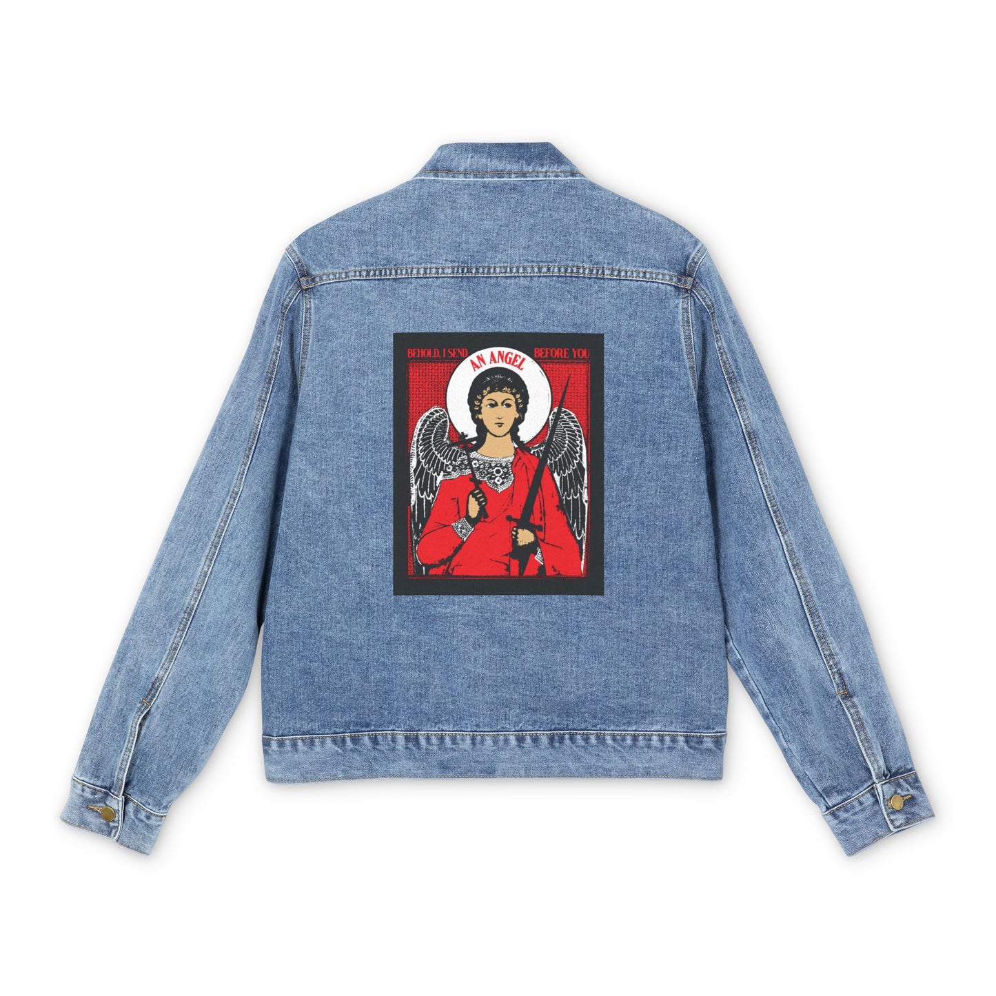 Behold I Send an Angel Before You (Ex 23:20) | Guardian Angel With Cross & Sword IconoGraphic | Orthodox Christia Blue Jean Jacket