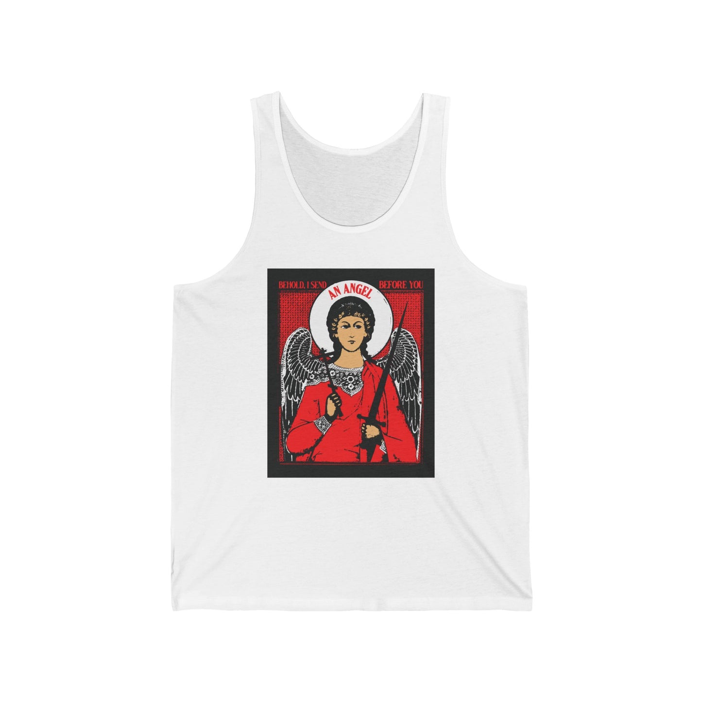 Behold, I Send an Angel Before You (Exodus 23:20) | Guardian Angel With Cross and Sword IconoGraphic | Orthodox Christian Jersey Tank Top / Sleeveless Shirt