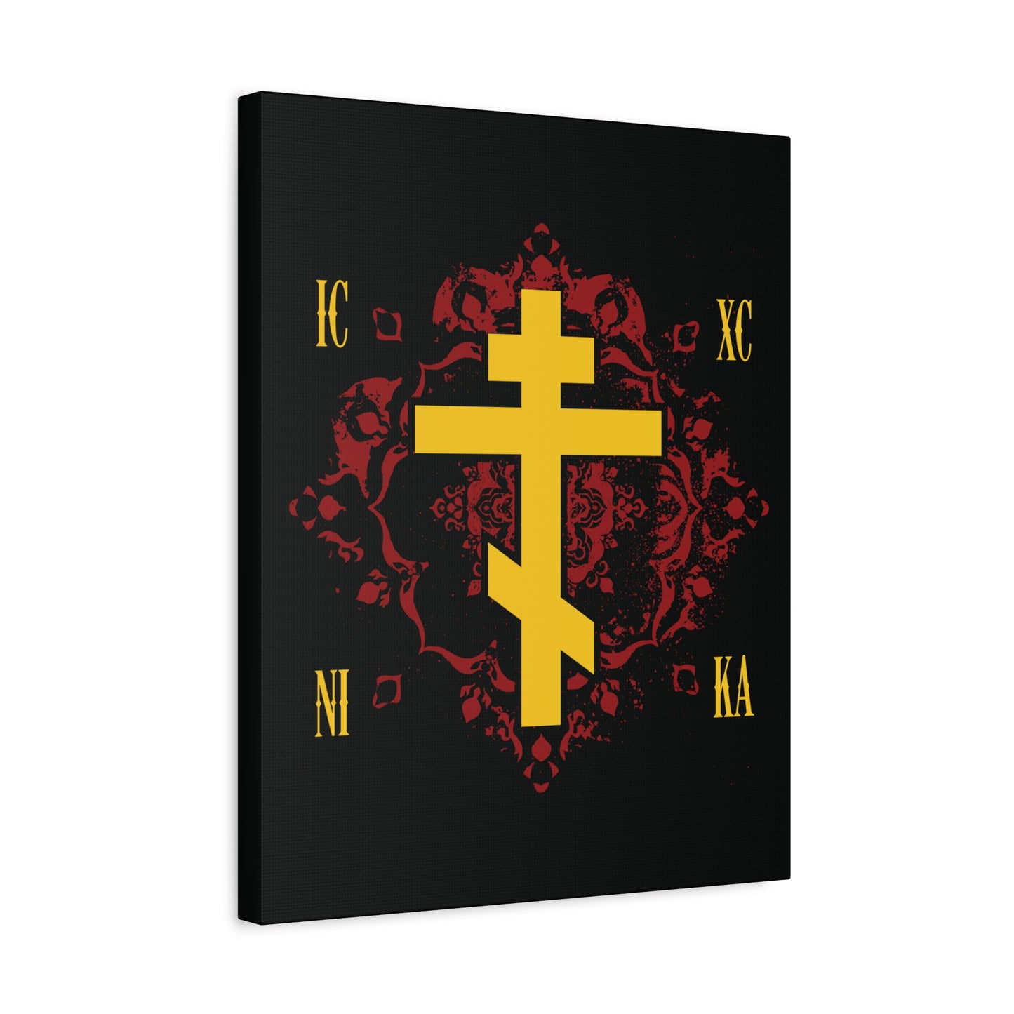 The "ICXC NIKA Yellow Russian Cross on Ornate Red Background" canvas art features a gold Orthodox cross, yellow IC XC NI KA letters, and elegant red designs on a black background—celebrating Jesus Christ Conquers.