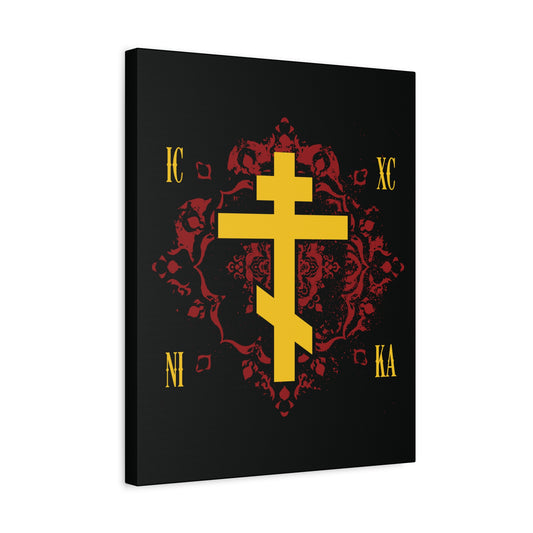 The "ICXC NIKA Yellow Russian Cross on Ornate Red Background" canvas art features a gold Orthodox cross, yellow IC XC NI KA letters, and elegant red designs on a black background—celebrating Jesus Christ Conquers.