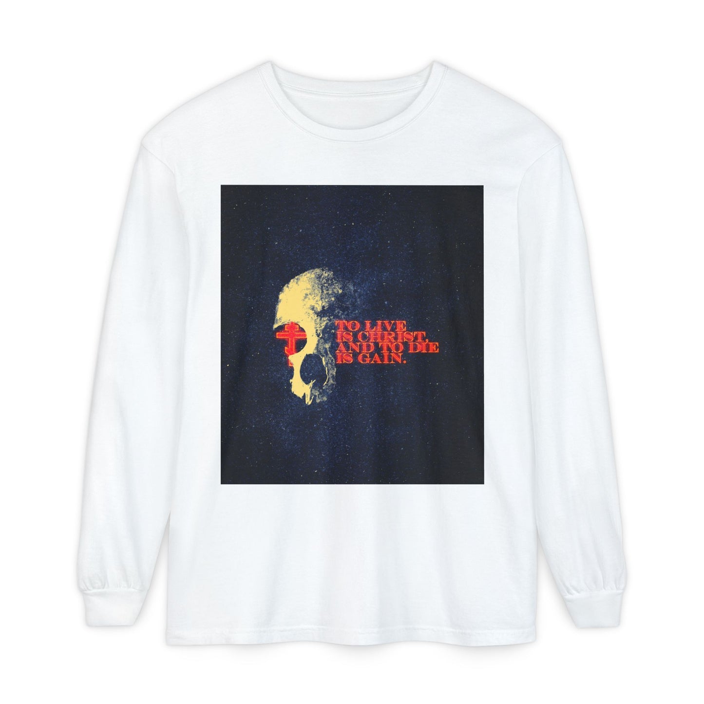 To Live is Christ and to Die is Gain | Phil 1:21 | Retro Texture | Glowing Letters and Cross with Skull | Orthodox Christian Long Sleeve Shirt