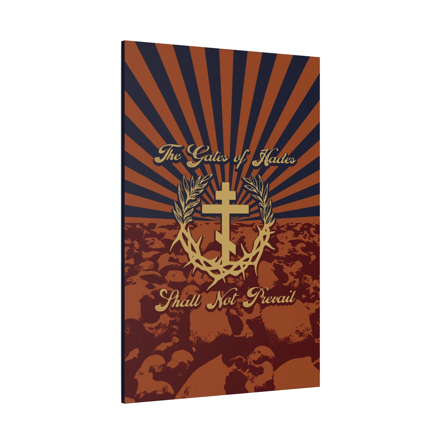 The Gates of Hades Shall Not Prevail | Cross with Wreath & Crown of Thorns | Skulls and Rays | Orthodox Christian Canvas Art