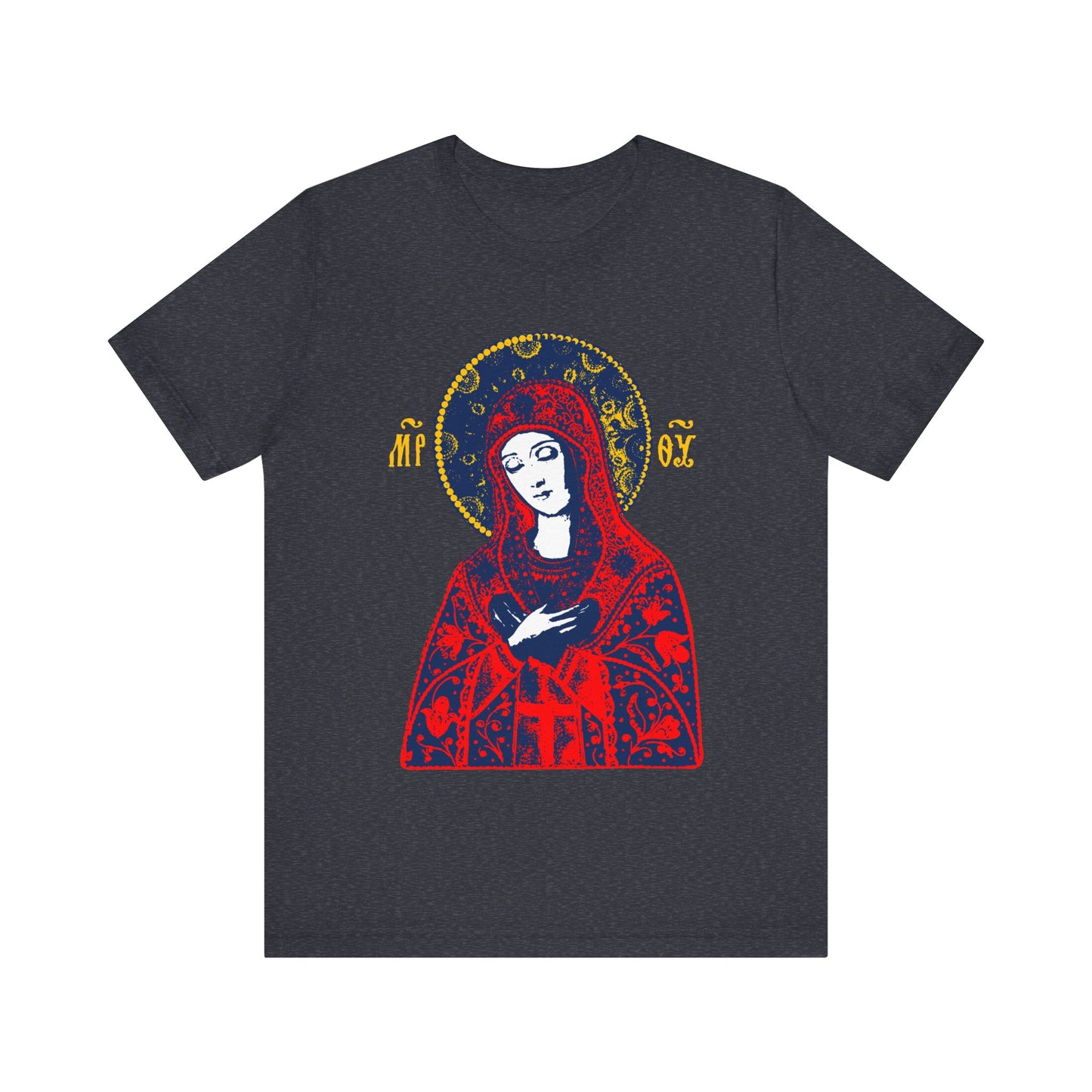 Heather navy t-shirt featuring a bright red stylized Tenderness Theotokos icon based on traditional Orthodox iconography, “Joy of All Joys” design.