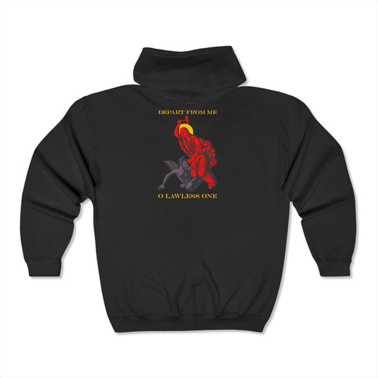 Black Orthodox zipper hoodie featuring a red and yellow graphic of St. Marina over a demon, inspired by "Life of the Great Martyr Marina." Back design reads: DEPART FROM ME O LAWLESS ONE. Product: St Marina IconoGraphic No. 1.