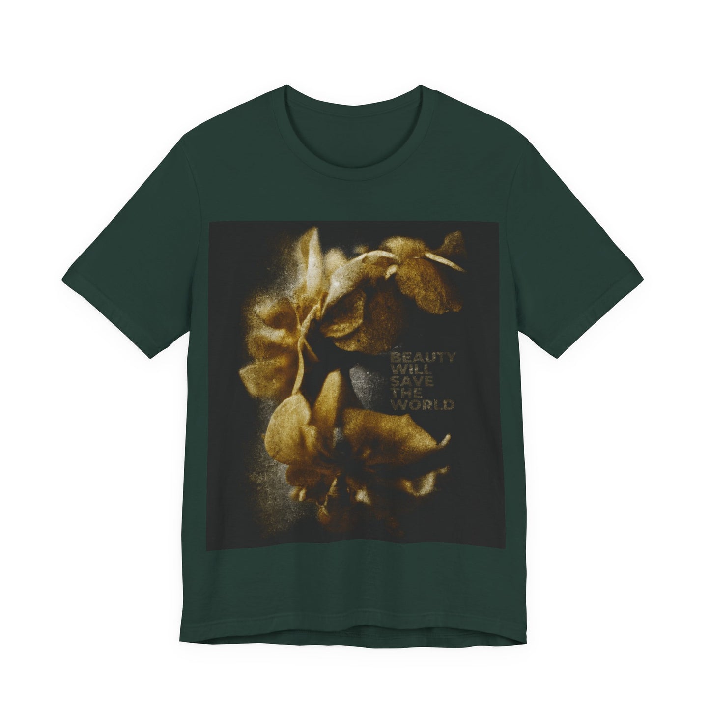 Forest green "Beauty Will Save the World" Orthodox Christian t-shirt, featuring a floral graphic inspired by creation and Dostoevsky, with yellow-toned text celebrating Jesus Christ as Universal Creator & King.