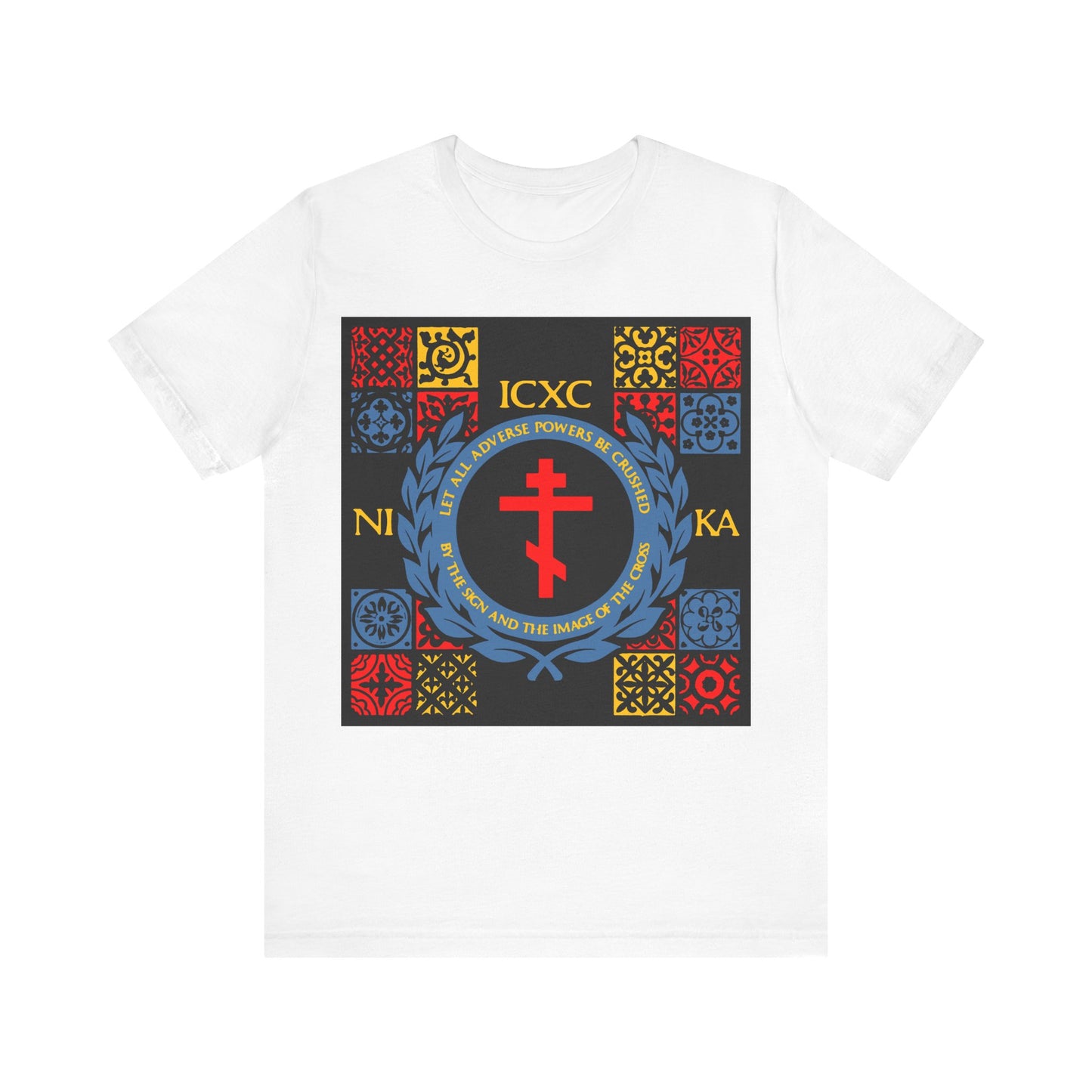 Let All Adverse Powers Be Crushed (Red, Yellow & Blue Design) | ICXC NIKA | Medieval Tile Design | Orthodox Christian T-Shirt