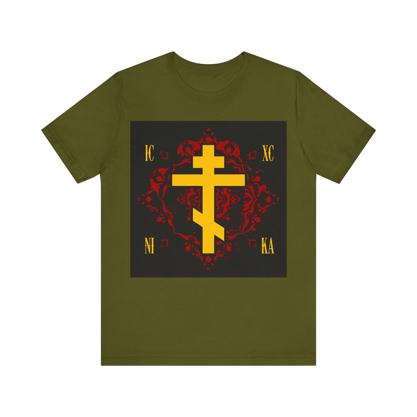 ICXC NIKA Yellow Russian Cross on Ornate Red Background Design | Jesus Christ Conquers | Orthodox Christian T-Shirt