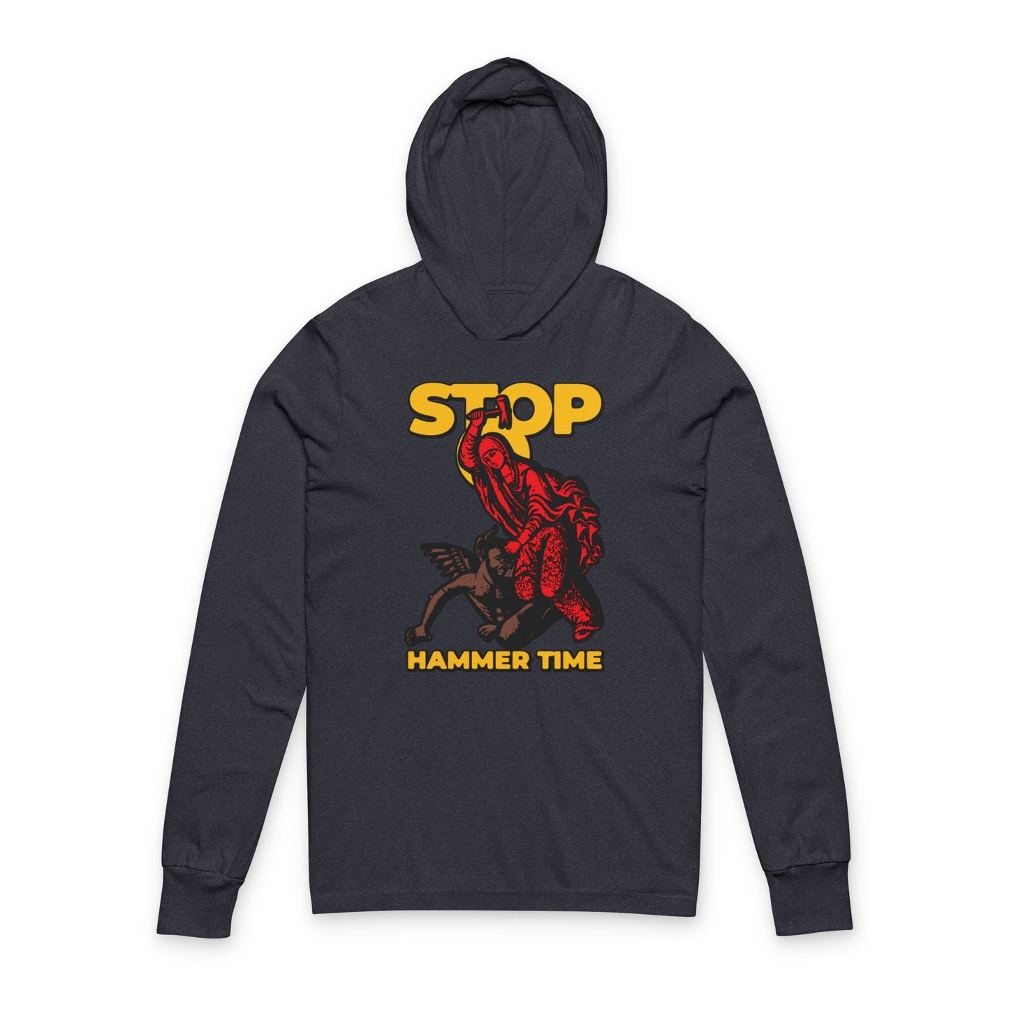 Black hoodie with a red figure and yellow "STOP HAMMER TIME" text, inspired by St Marina of Antioch beating the devil with a hammer. Modern Orthodox meme design in red, blue, and yellow. Christian hooded shirt.