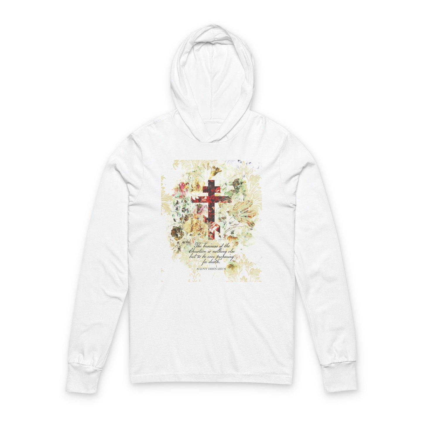 Preparing For Death | White & Beige Floral Scrapbook Texture Cross | Arts & Crafts Style | St Irenaeus | Orthodox Long Sleeve Hooded Shirt