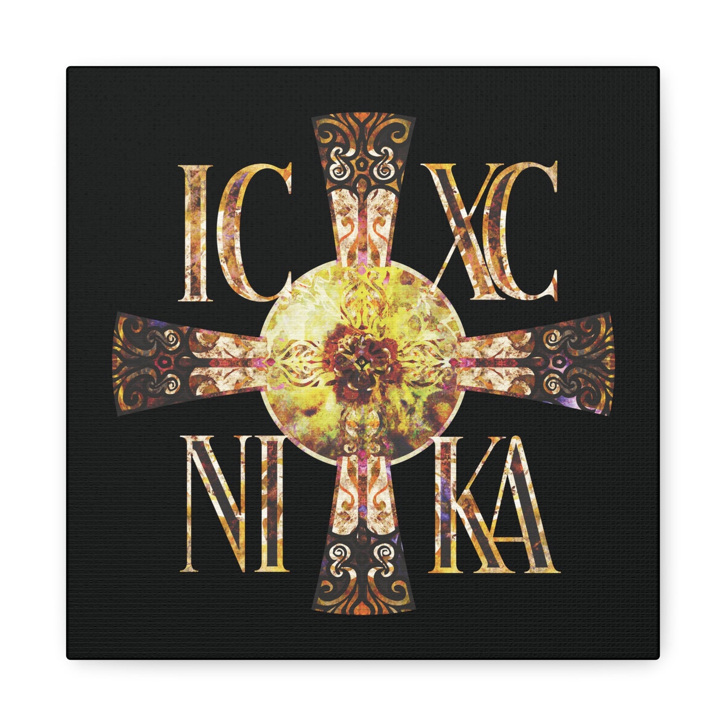 ICXC NIKA Celtic Style Equal Armed Cross | Bright Solar Texture | Orthodox Christian Canvas Art