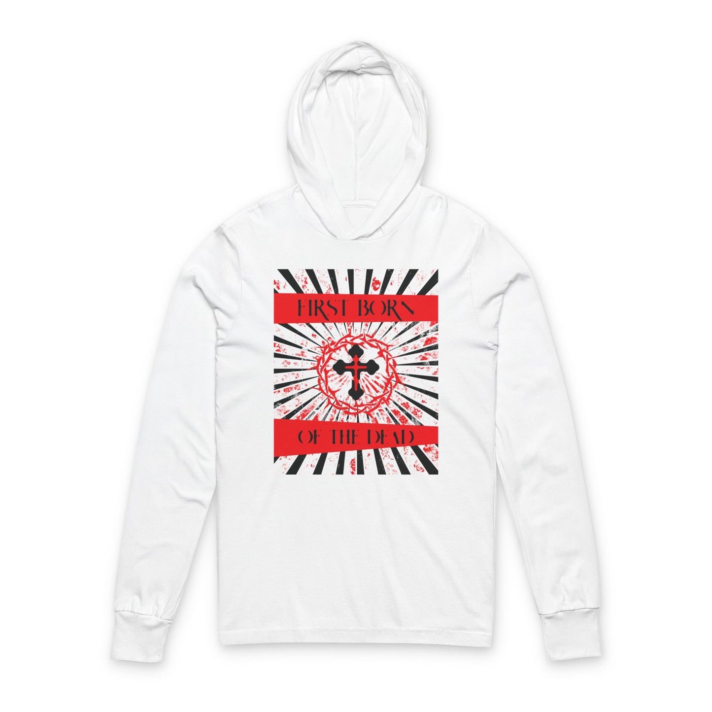 First Born of the Dead | Orthodox Cross and Crown of Thorns | Red White & Black Design with Rays | Orthodox Long Sleeve Hooded Shirt