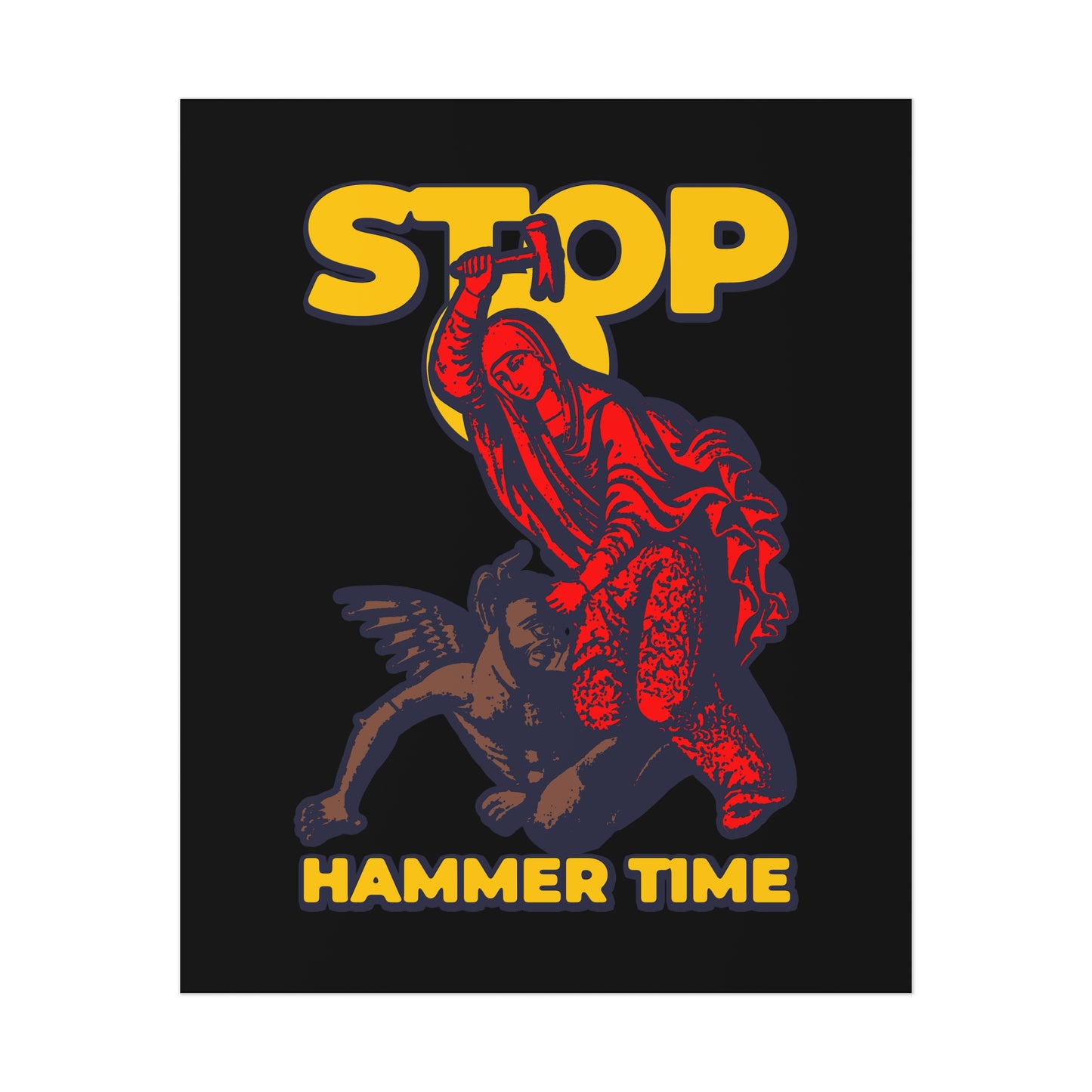 The "St Marina of Antioch Beating the Devil with a Hammer" poster features modern Orthodox meme art with bold red, blue, and yellow colors and showcases the phrase "STOP, HAMMER TIME" in striking letters.