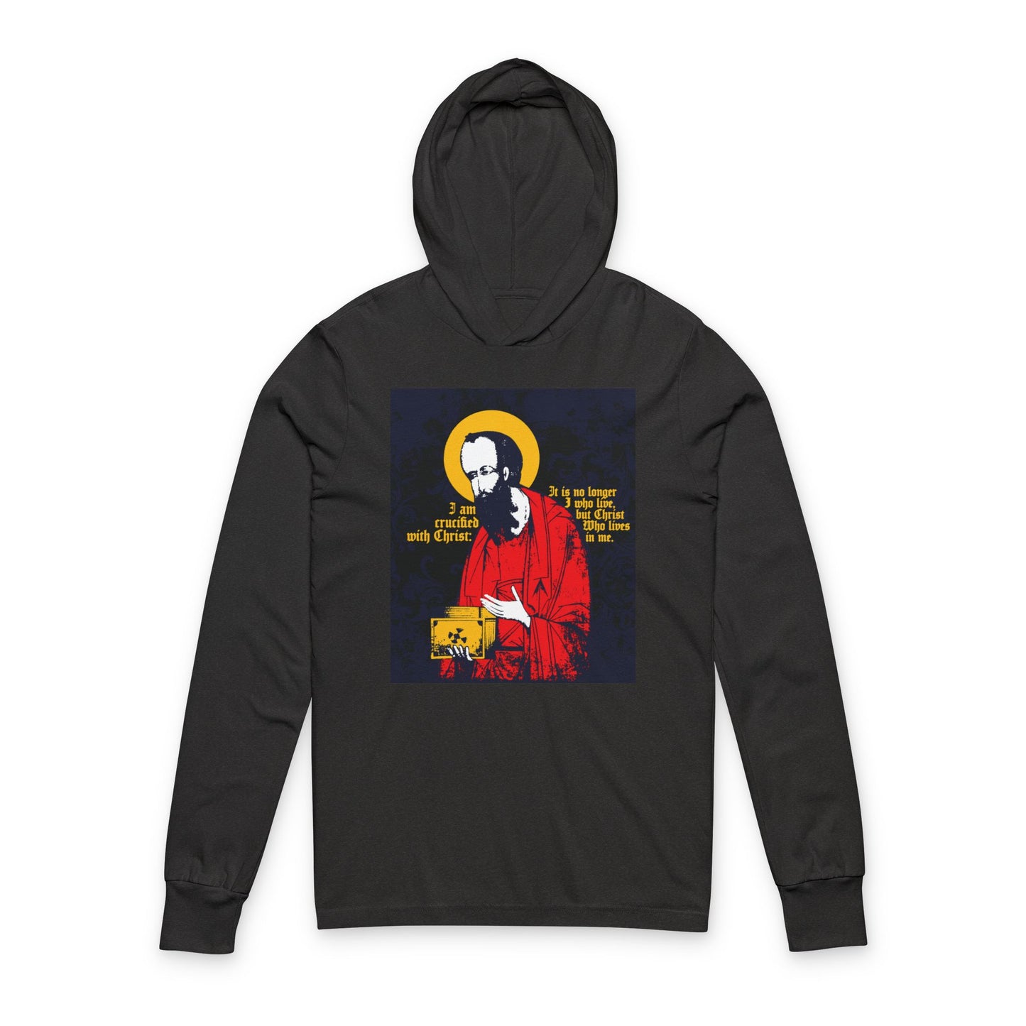 St Paul Holding Gospel Iconographic | I am crucified with Christ (Galatians 2:20) | Orthodox Long Sleeve Hooded Shirt
