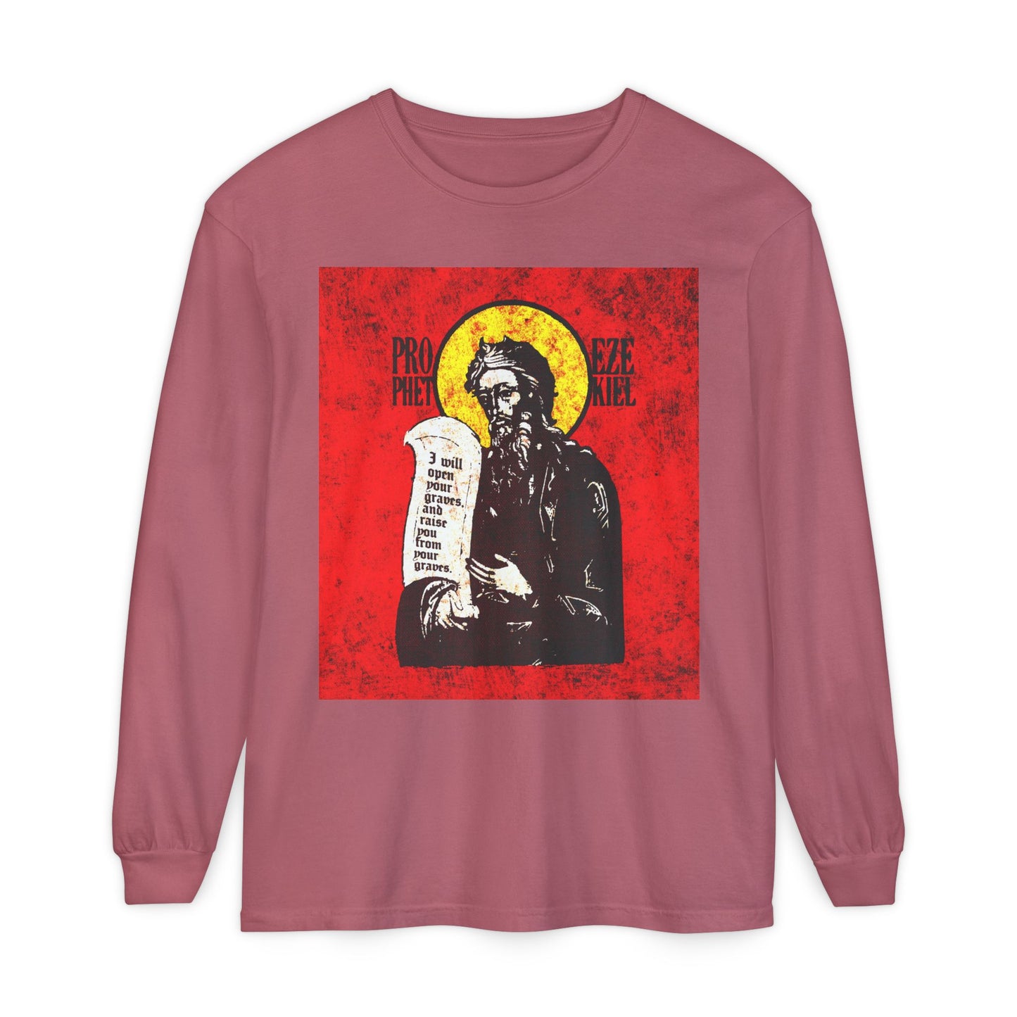 Prophet Ezekiel IconoGraphic | Textured, High Contrast Bright Red and Yellow Design | Old Testament | Orthodox Christian Long Sleeve Shirt