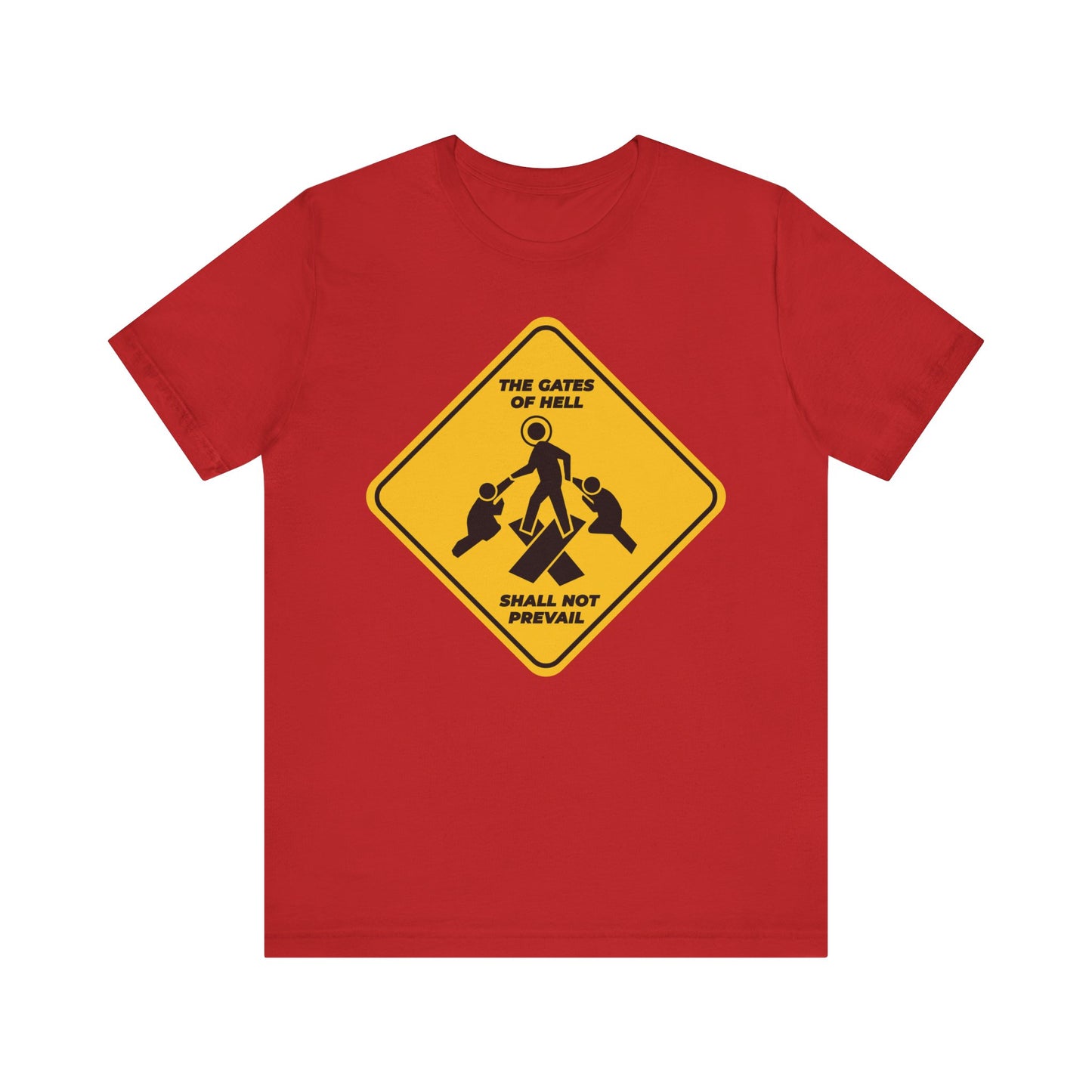 Red “Gates of Hell Shall Not Prevail” unisex tee featuring a yellow street sign minimalist Pascha icon, inspired by St. John Chrysostom and Isaiah 45:2–3. Lightweight cotton.