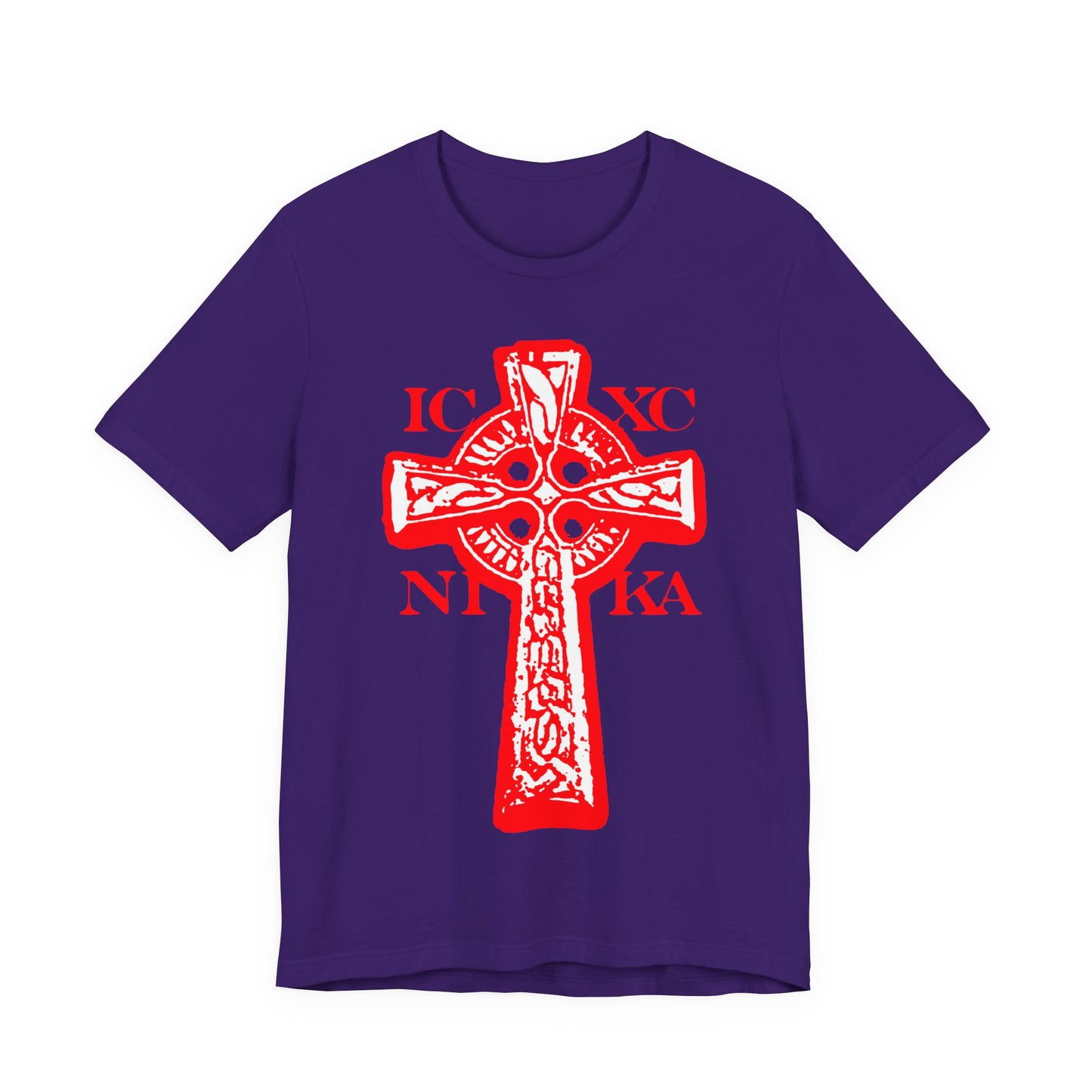 Team Purple ICXC NIKA Celtic Knotwork Cross T-shirt featuring a black and white cross on a red background with "Jesus Christ Conquers" in Greek, symbolizing Christ's victory; a traditional Orthodox Christian design.
