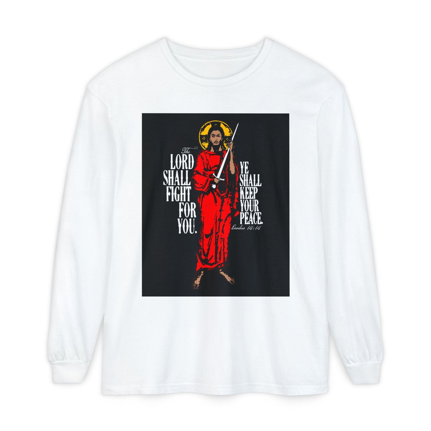 The Lord Shall Fight For You (Exodus 14:14) | Jesus Christ with Sword IconoGraphic | Orthodox Christian Long Sleeve Shirt