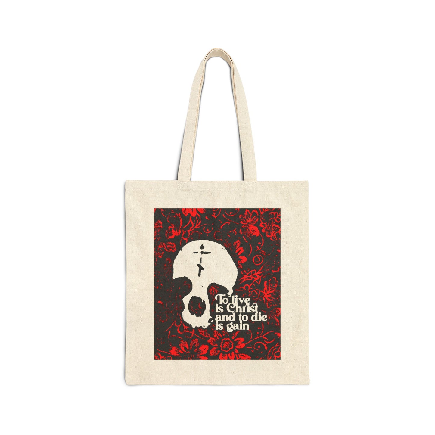 To Live is Christ To Die is Gain (Phil 1:21) | Skull with Cross on Red Floral Texture | Orthodox Christian Cotton Canvas Tote Bag