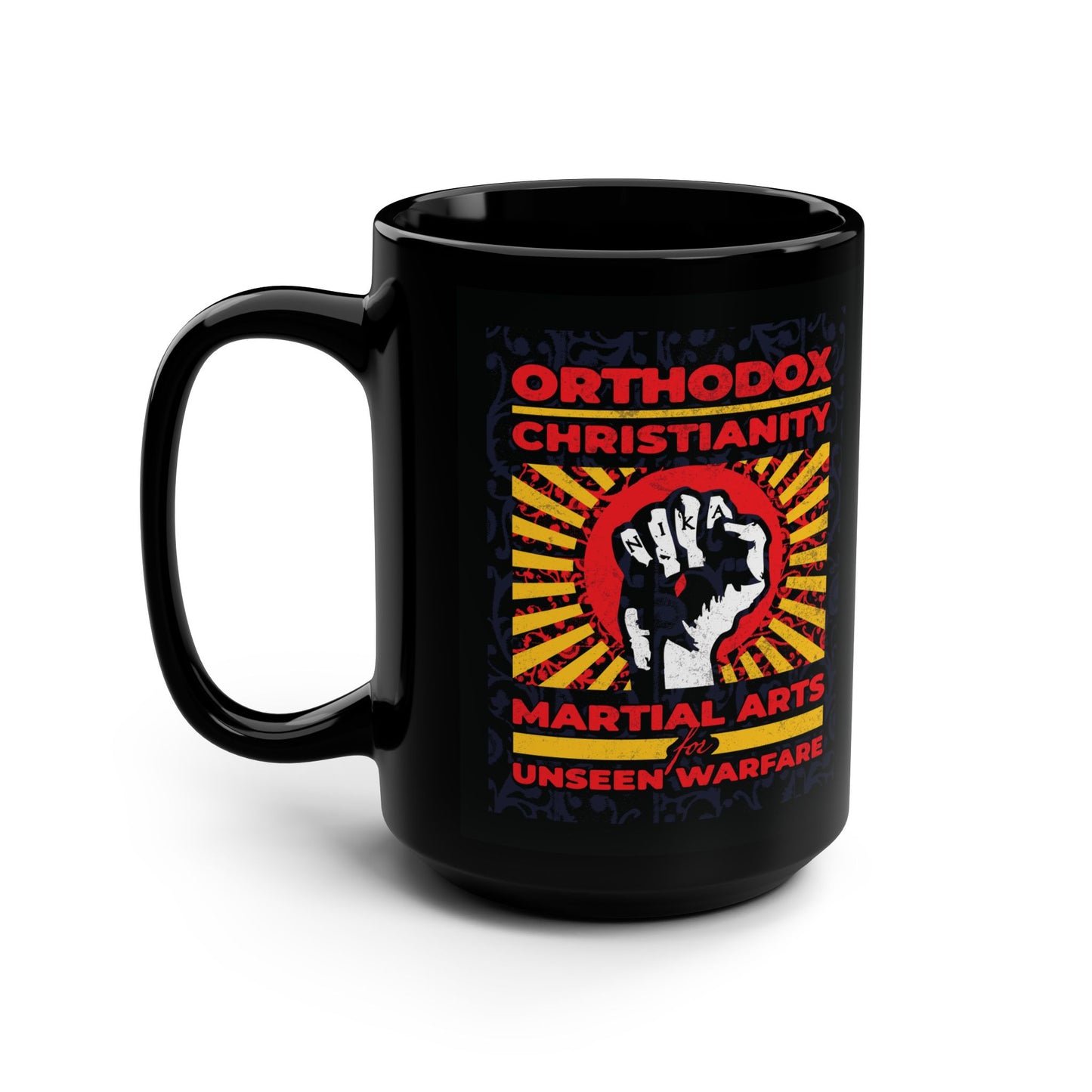 Orthodox Christianity: Martial Arts for Unseen Warfare | NIKA Jesus Fist on Colorful Sunburst Design | Orthodox Christian Black Mug