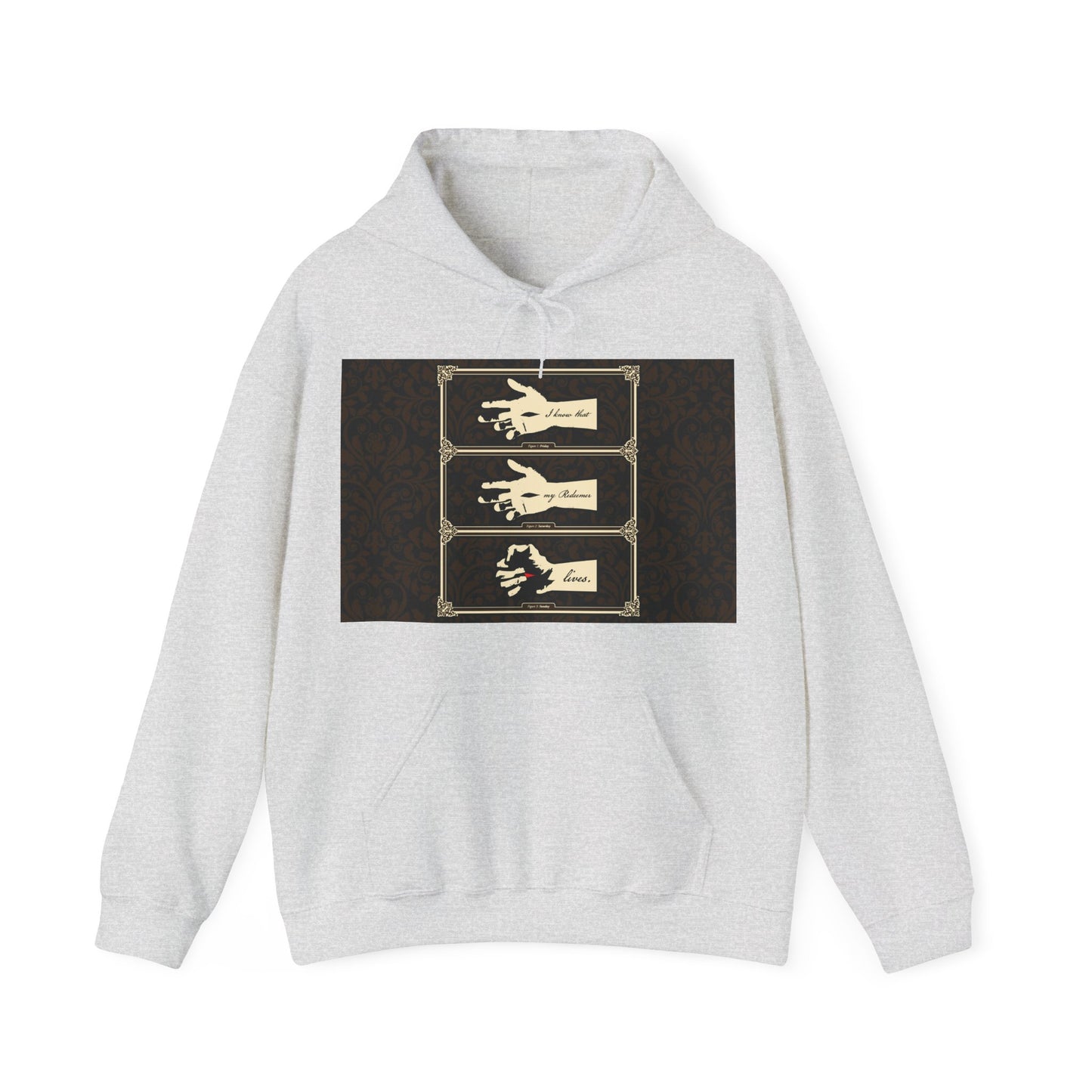 Ash-colored hoodie featuring a design of the crucified Christ’s hand and the phrase "I Know That My Redeemer Lives" (Job 19:25)—an earthtone Americana-style Orthodox Christian symbol of hope and resurrection.