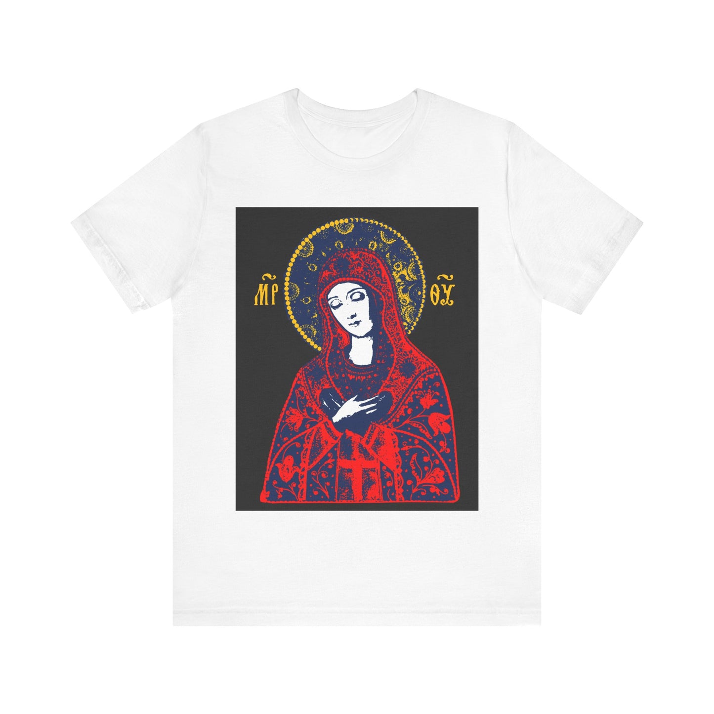 White "Joy of All Joys Tenderness Theotokos" Orthodox Christian t-shirt with a bright red, traditionally inspired iconographic design on the front.