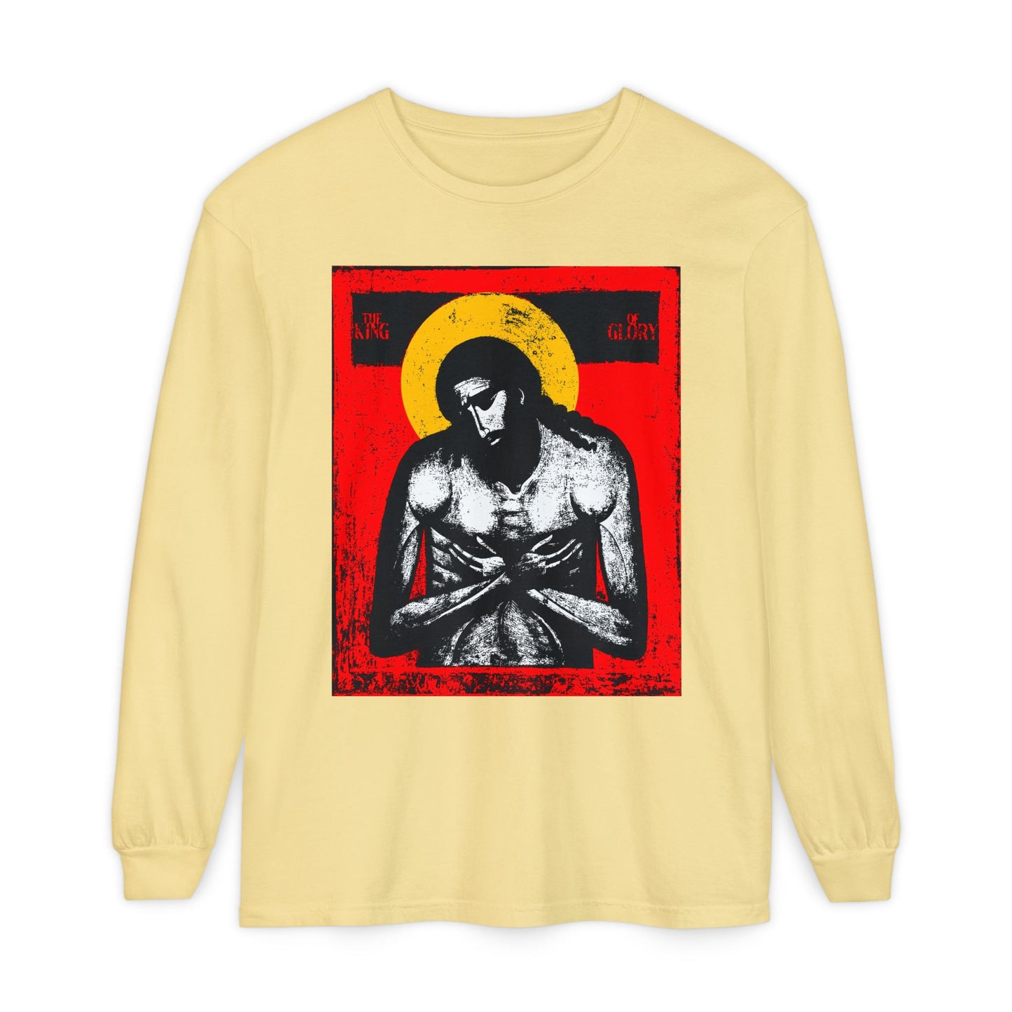The King of Glory Jesus Christ 'Extreme Humility' IconoGraphic long-sleeve in butter, featuring a red, yellow, white, and black devotional graphic inspired by Isaiah 53 on the front.
