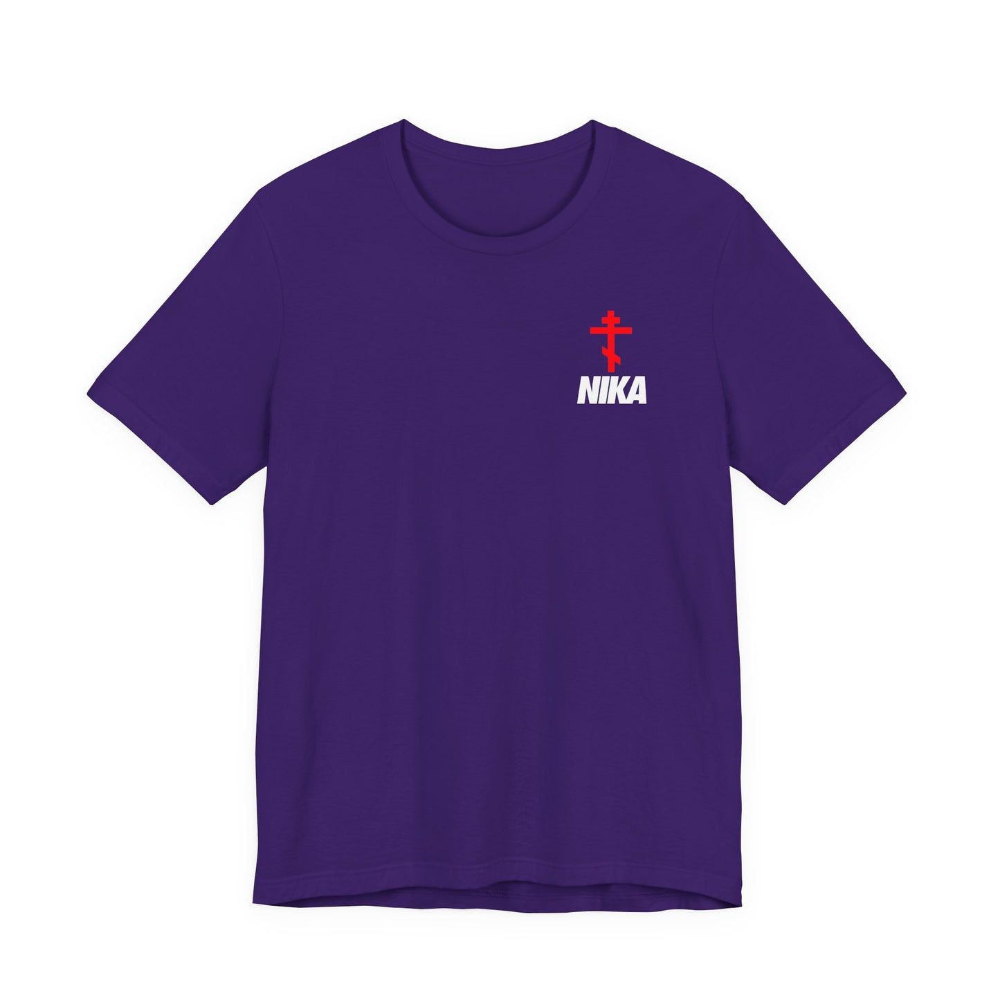 Team Purple “Orthodox Cross with Bold NIKA Text” t-shirt: small design featuring a red Orthodox cross, white NIKA text, and NIKE logo mashup. Athletic Ascetic fashion symbolizing “Jesus Christ Conquers.”.