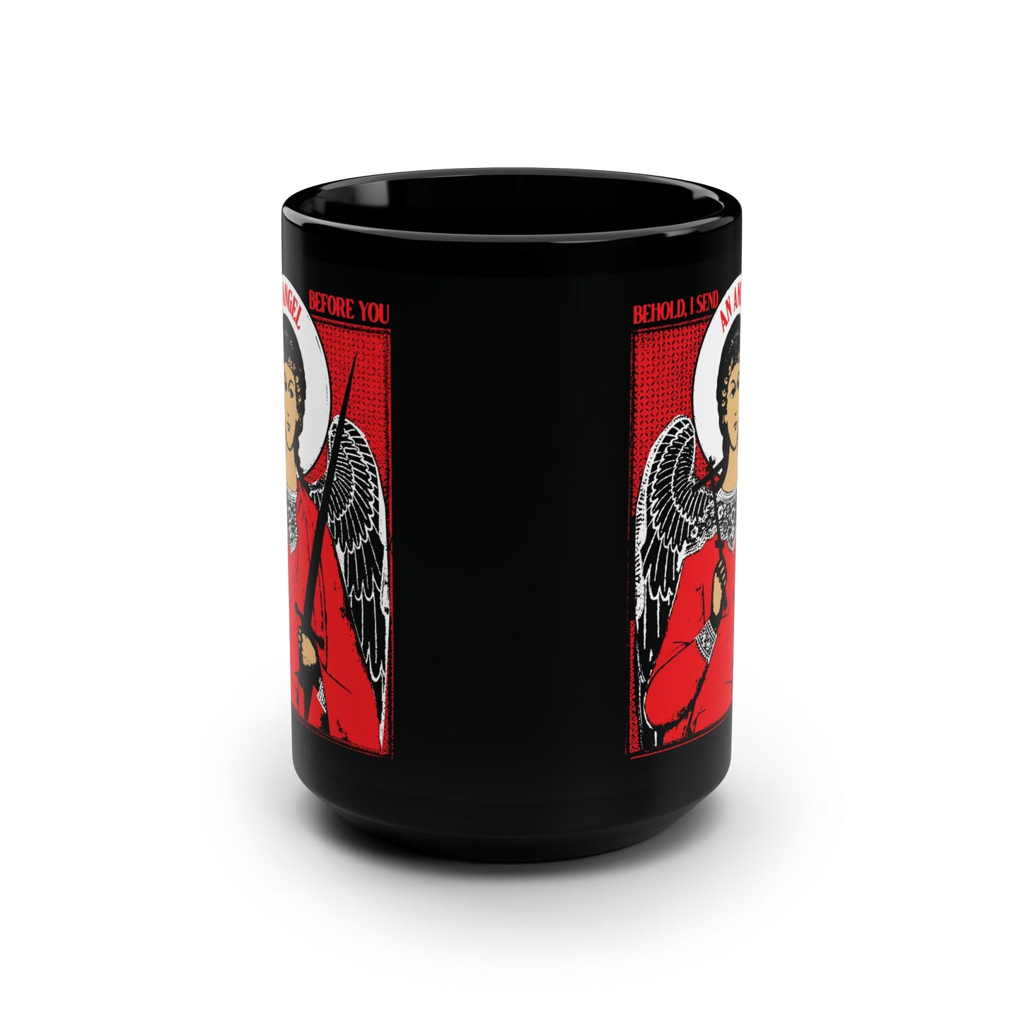 Behold I Send an Angel Before You (Ex 23:20) | Guardian Angel With Cross & Sword IconoGraphic | Orthodox Christian Black Mug