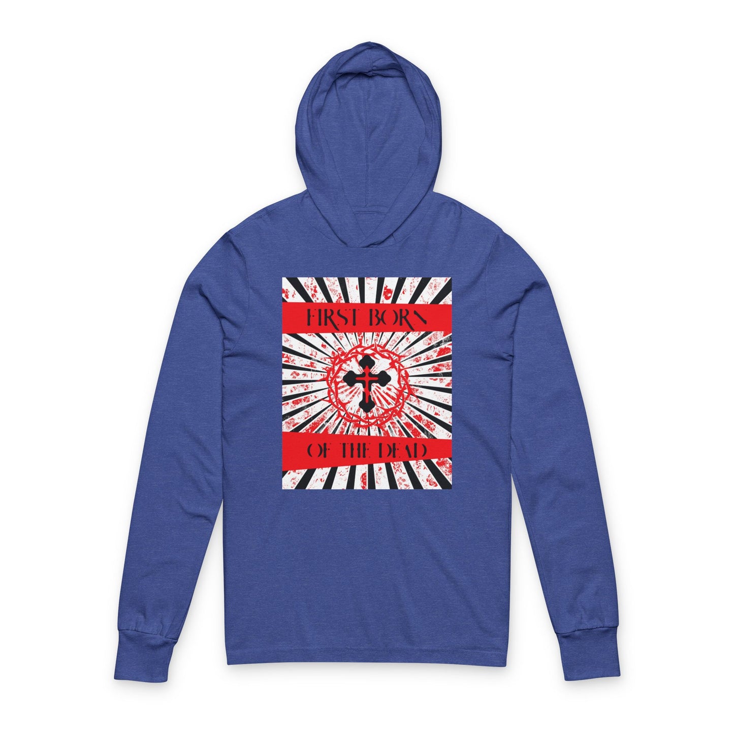 First Born of the Dead | Orthodox Cross and Crown of Thorns | Red White & Black Design with Rays | Orthodox Long Sleeve Hooded Shirt