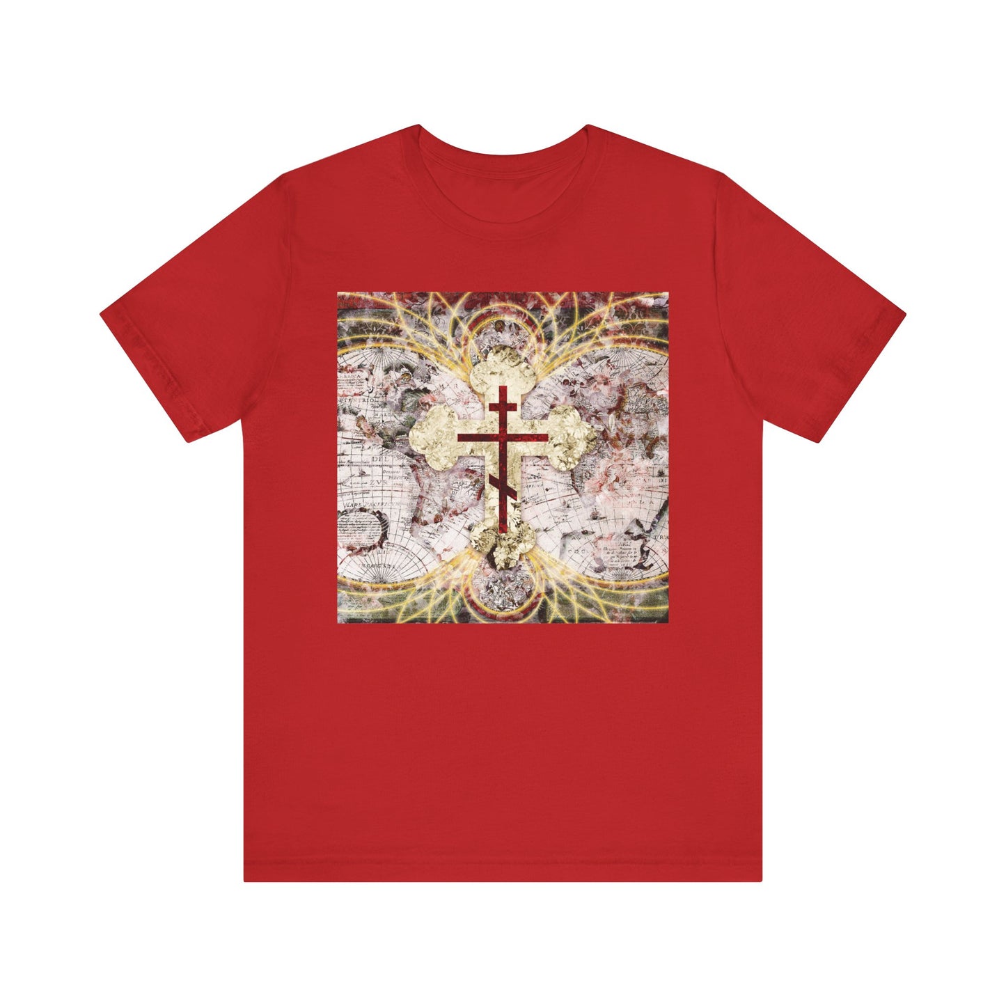 Red Orthodox Cross on Antique Map with Glowing Magnetic Lines tee: a lightweight red cotton unisex shirt featuring the Conqueror of Death design, inspired by Orthodox Christianity, set over an antique map with radiant magnetic lines.