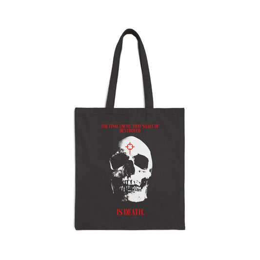 Black "The Final Enemy That Shall Be Destroyed (1 Cor 15:26)" tote bag featuring a white skull in red crosshairs and bold red "IS DEATH" text; a striking, gothic Orthodox Christian statement on resurrection and faith.