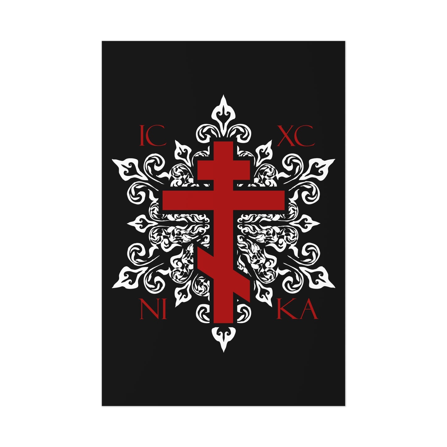 ICXC / NIKA Red Orthodox Cross on Ornate White Medieval Floral Design | Exclusive Best-Selling | Orthodox Christian Art Poster