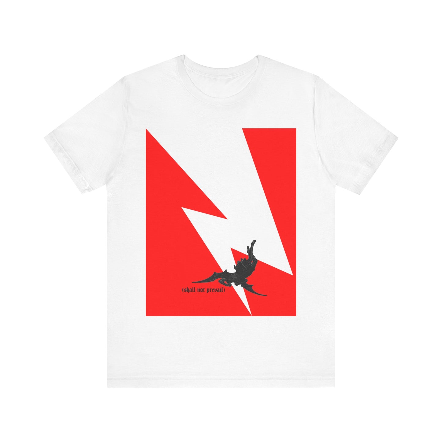 White cotton t-shirt featuring a minimalist "Shall Not Prevail" design inspired by Luke 10:18, with lightning and panther graphics—a bold Orthodox Christian statement.