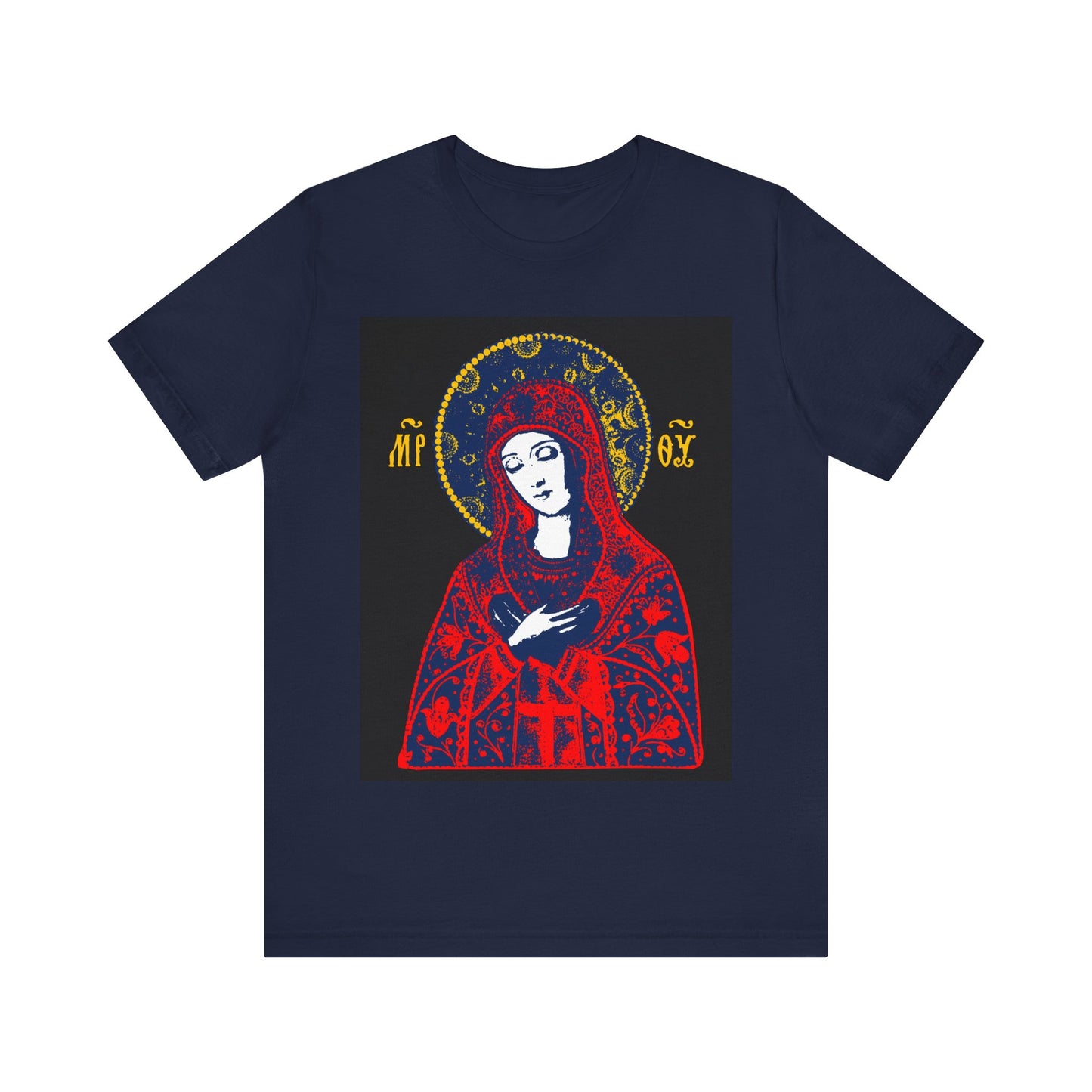 Navy Joy of All Joys Tenderness Theotokos T-shirt featuring a bright red iconographic Orthodox Christian design inspired by traditional Orthodox iconography.