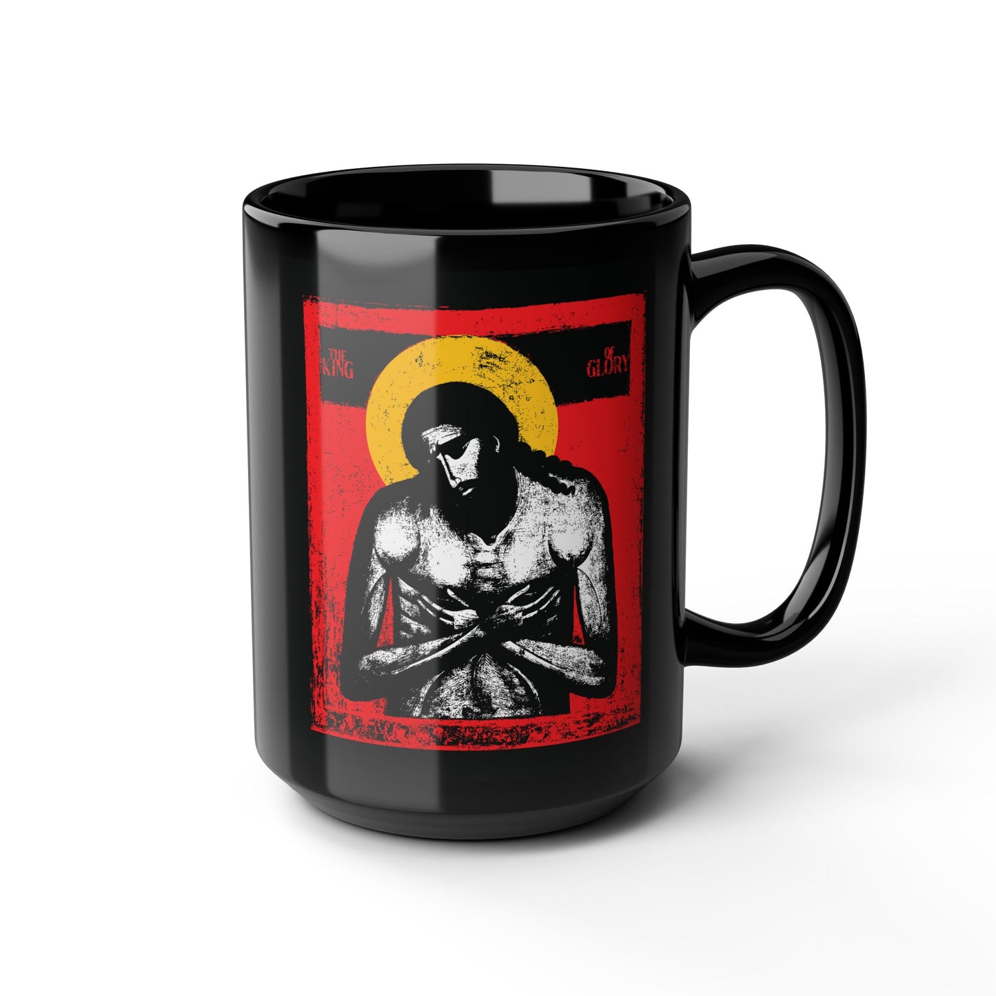 The King of Glory Jesus Christ "Extreme Humility" IconoGraphic black mug features Christ with a yellow halo on a red background, hands crossed—an inspiring Christian devotional piece in red, yellow, white, and black.