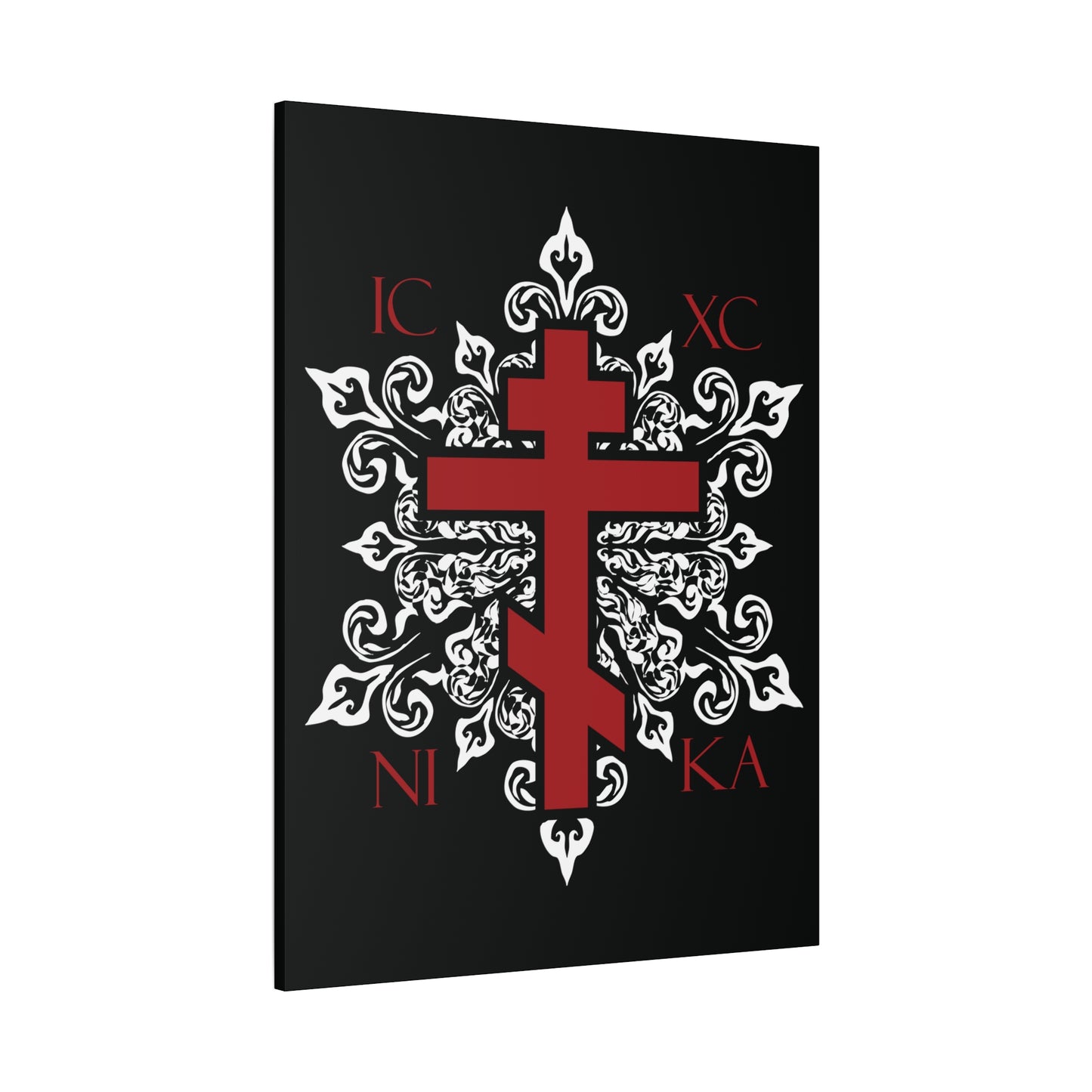 ICXC / NIKA Red Orthodox Cross on Ornate White Medieval Floral Design | Exclusive Best-Selling | Orthodox Christian Canvas Art