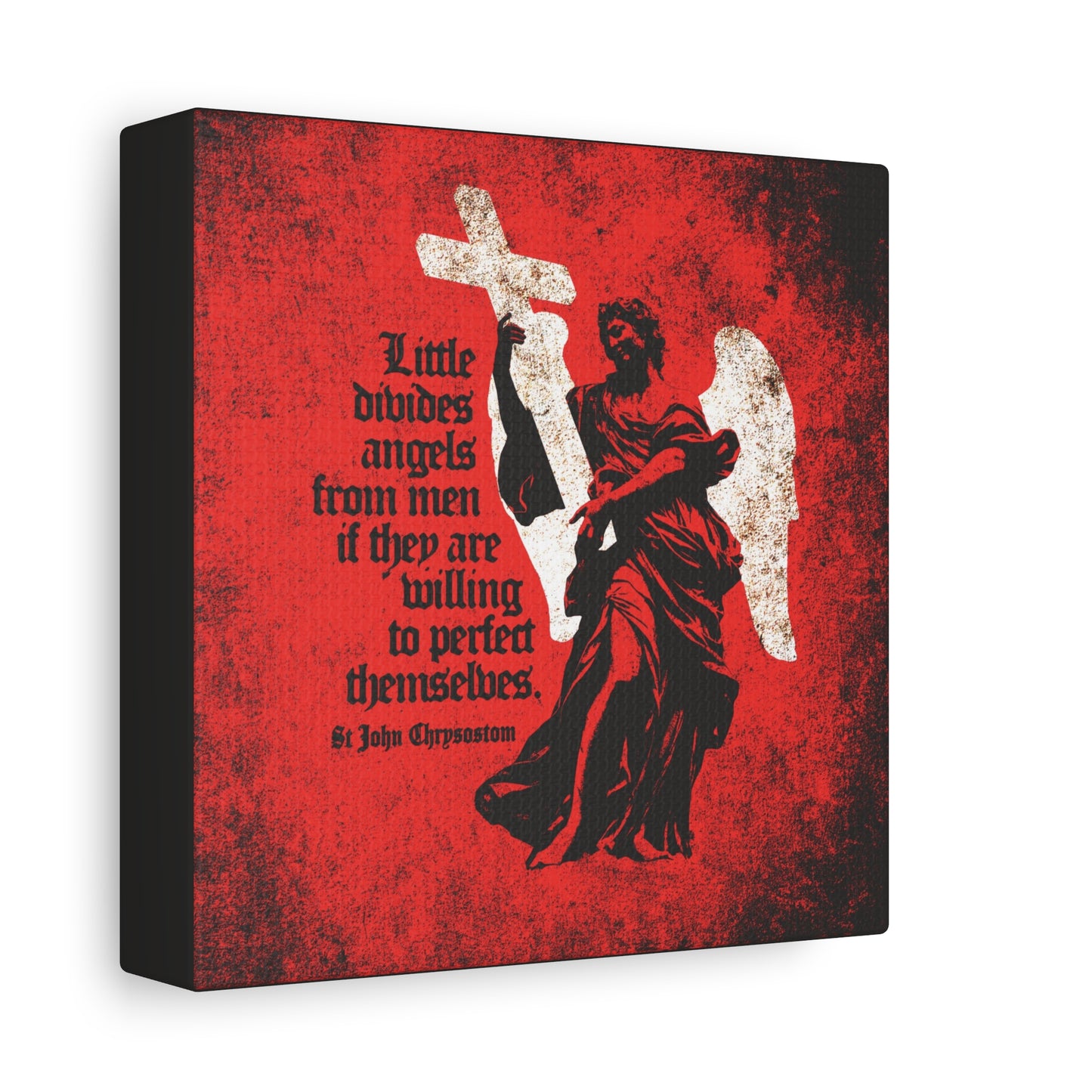 The “Little Divides Angels from Men” Orthodox Christian canvas art features a textured black angel with a cross and a St. John Chrysostom quote, inspired by the Christian faith and Bible verses.