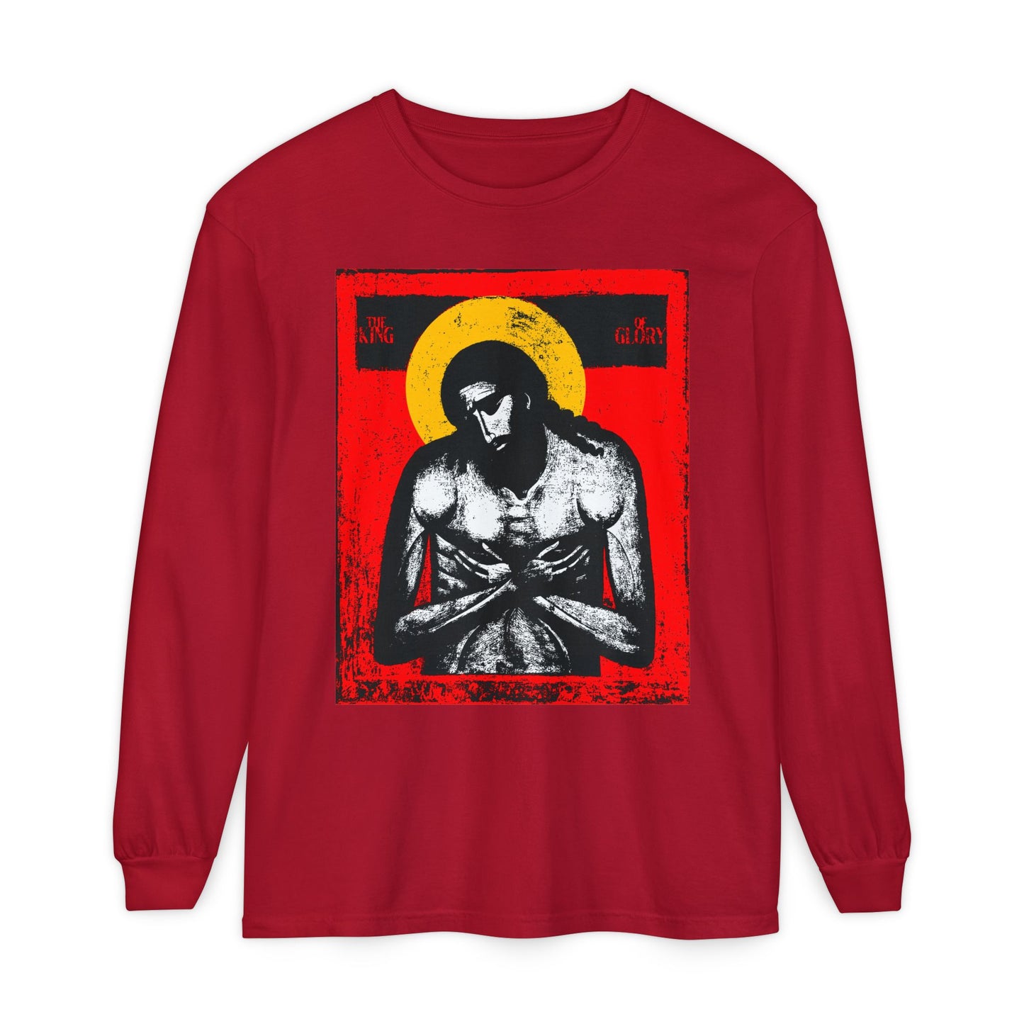 The King of Glory Jesus Christ "Extreme Humility" IconoGraphic long sleeve in red, featuring a somber figure before a yellow circle and red background, inspired by Isaiah 53. Christian devotional apparel in red, yellow, white, and black.