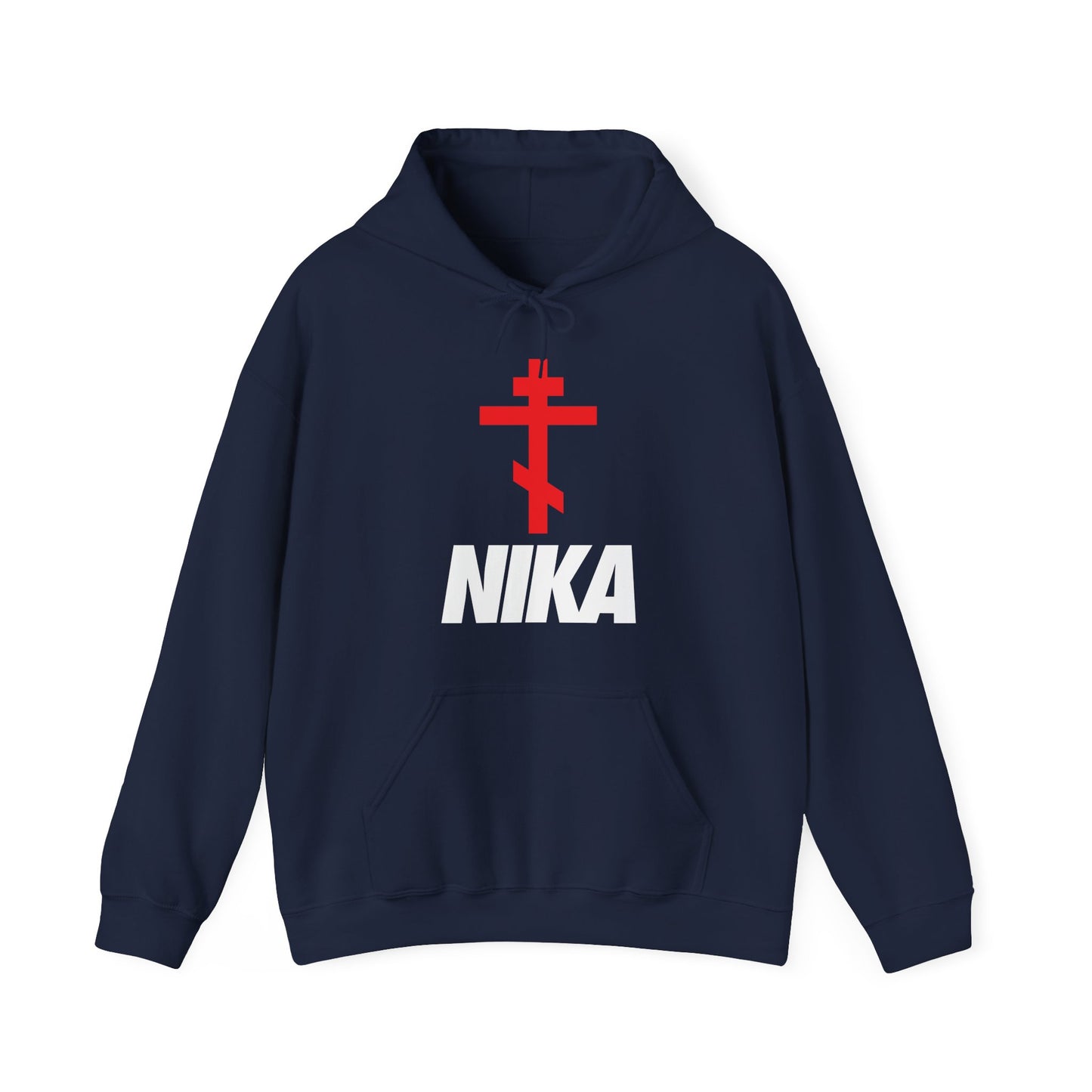 NIKA Orthodox Cross | NIKE Logo Mashup | Minimalist Corporate Sports Logo | Athletic Ascetic Fashion | Christian Activewear Hoodie